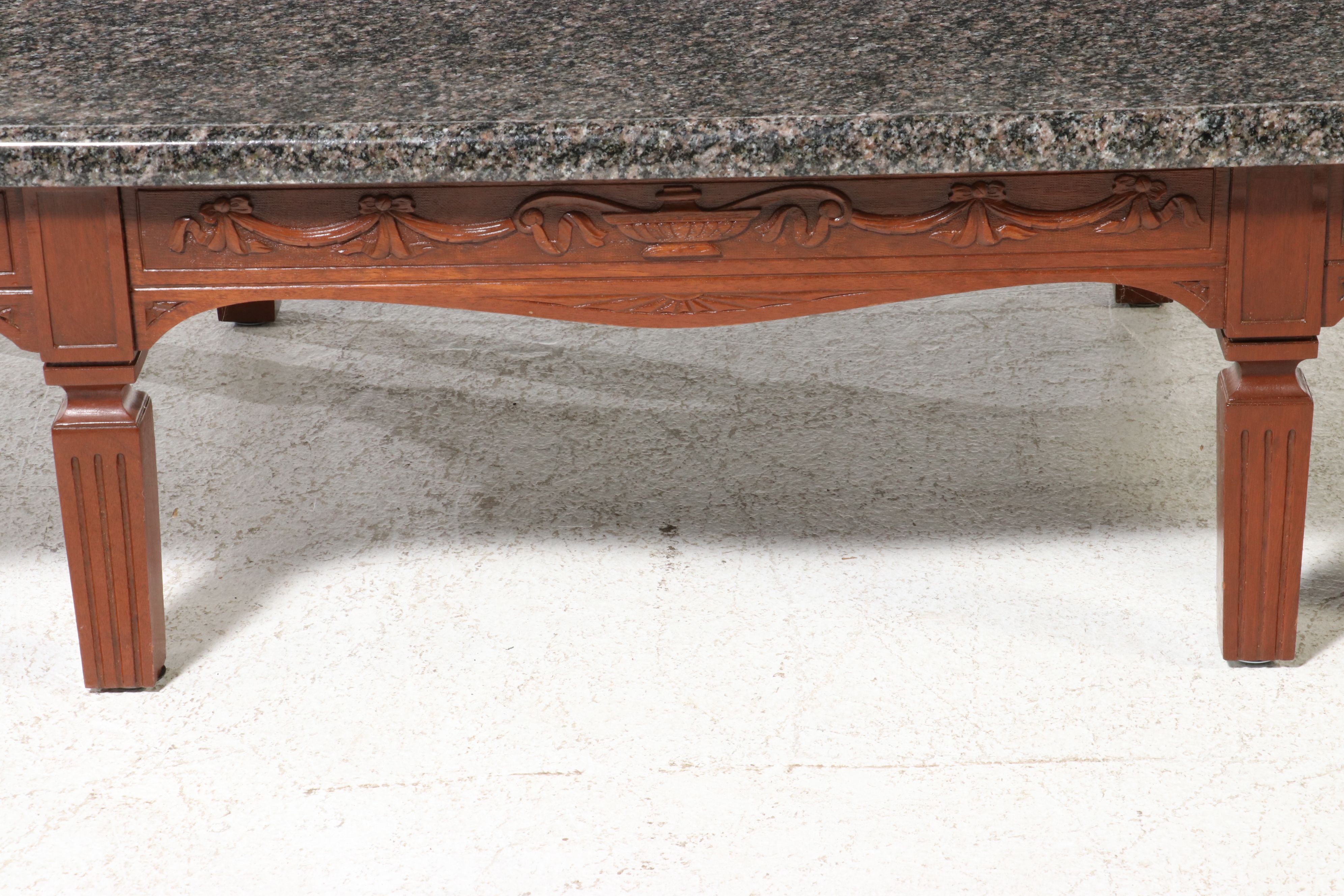 Neoclassical Style Carved Mahogany Coffee Table with Granite Top