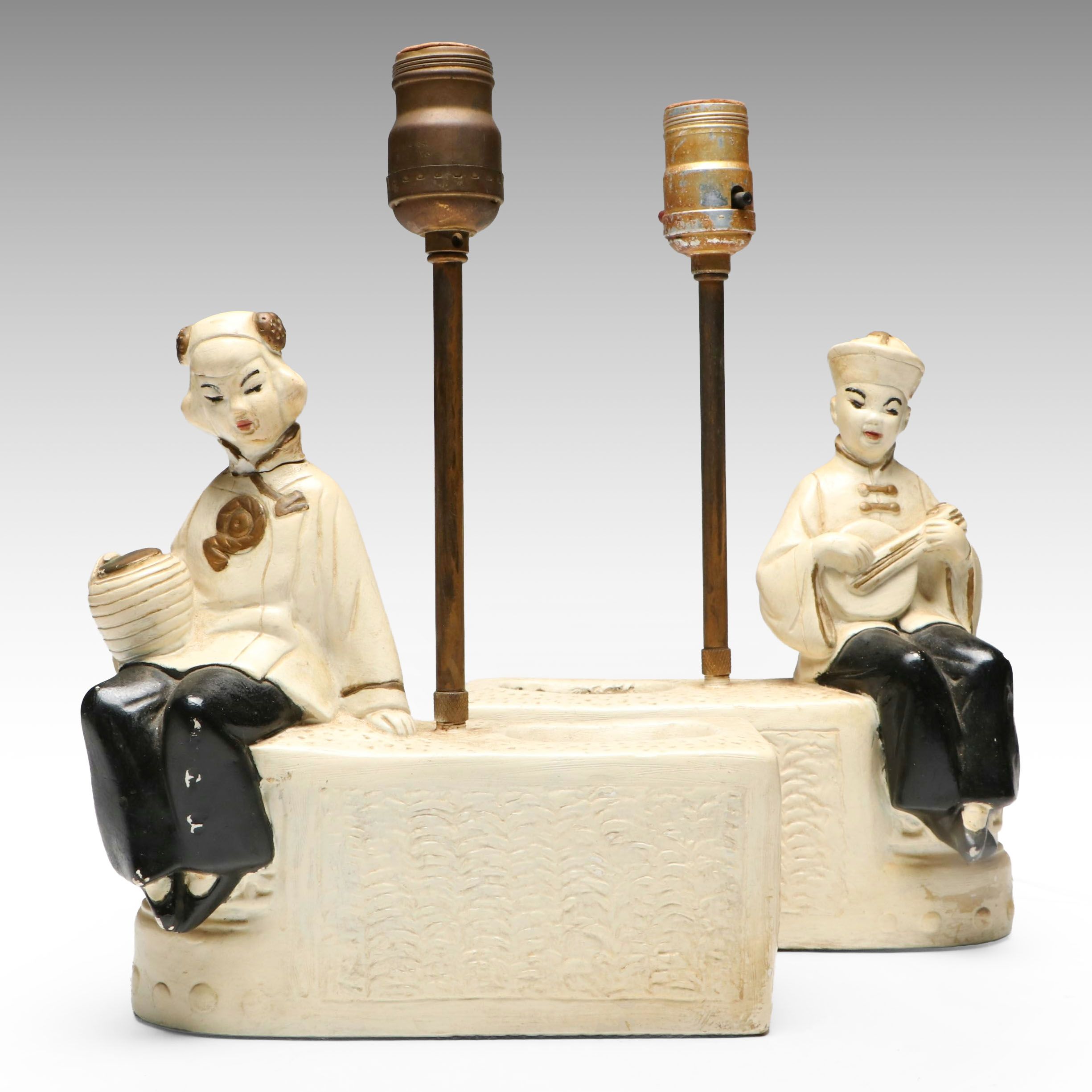 Pair of Mid Century Modern Chalkware Oriental Couple Accent Lamps, Mid-20th C