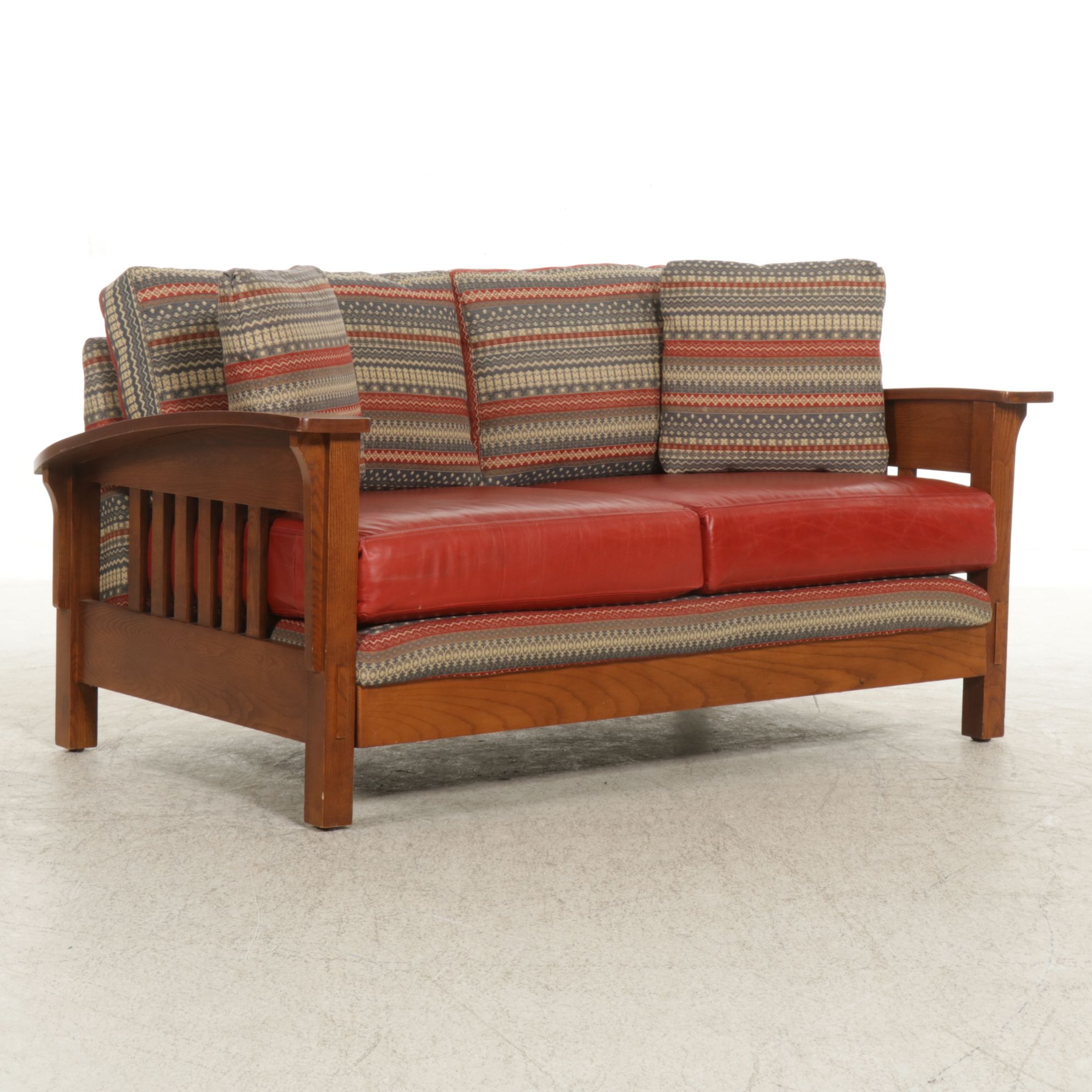 Craftsman Style Oak Loveseat with Leather and Fabric Upholstry