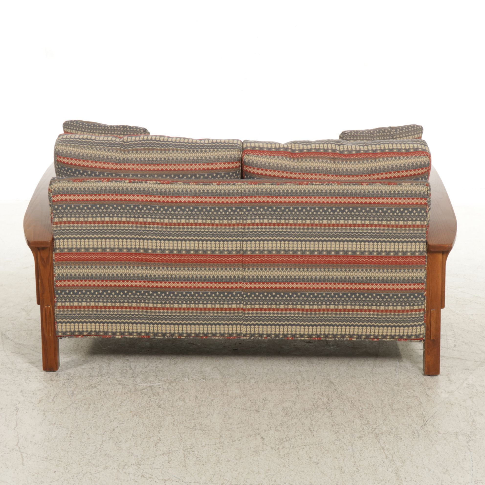 Craftsman Style Oak Loveseat with Leather and Fabric Upholstry