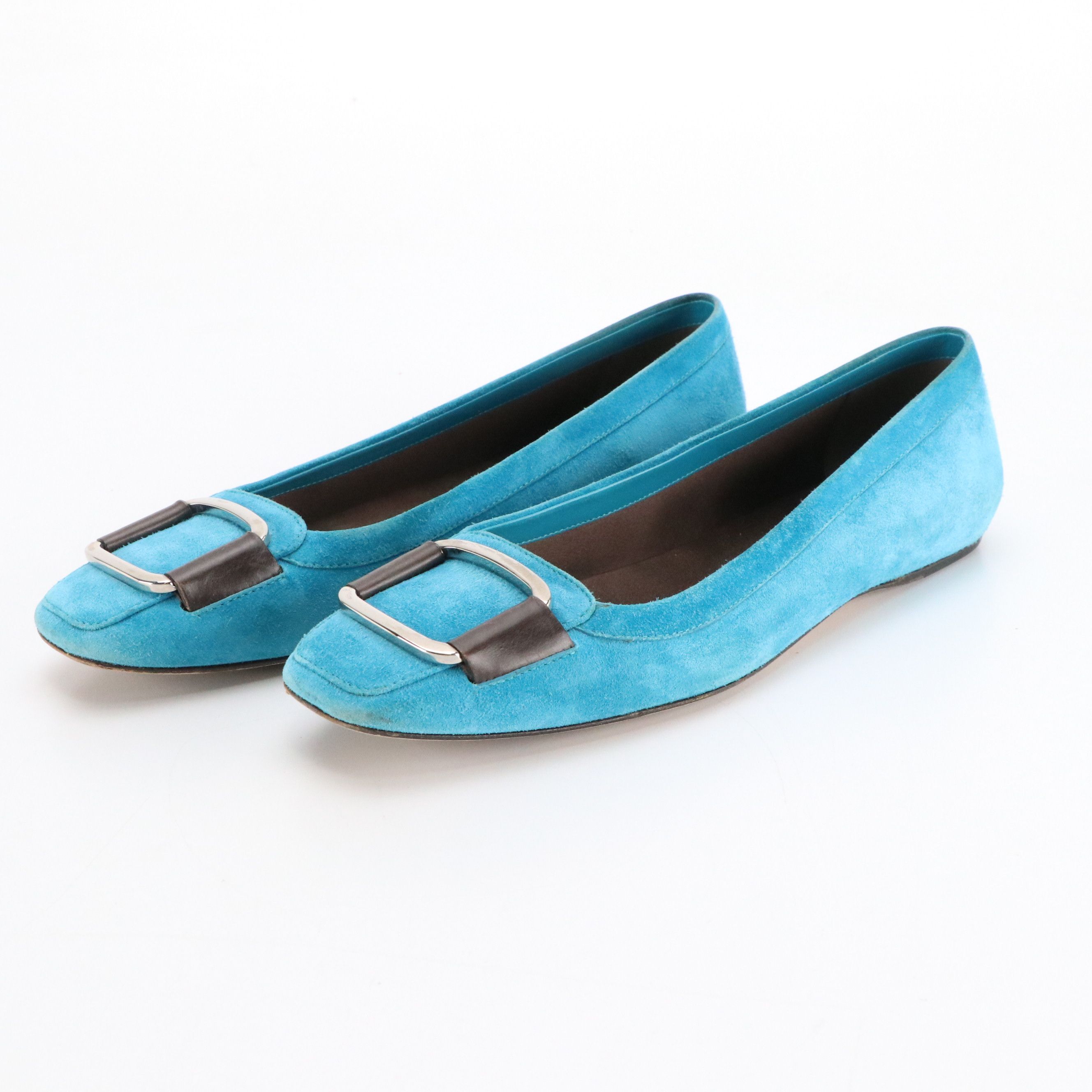 Tory Burch Round Toe Leather Flats and Roger Vivier Blue Suede Buckle Flats