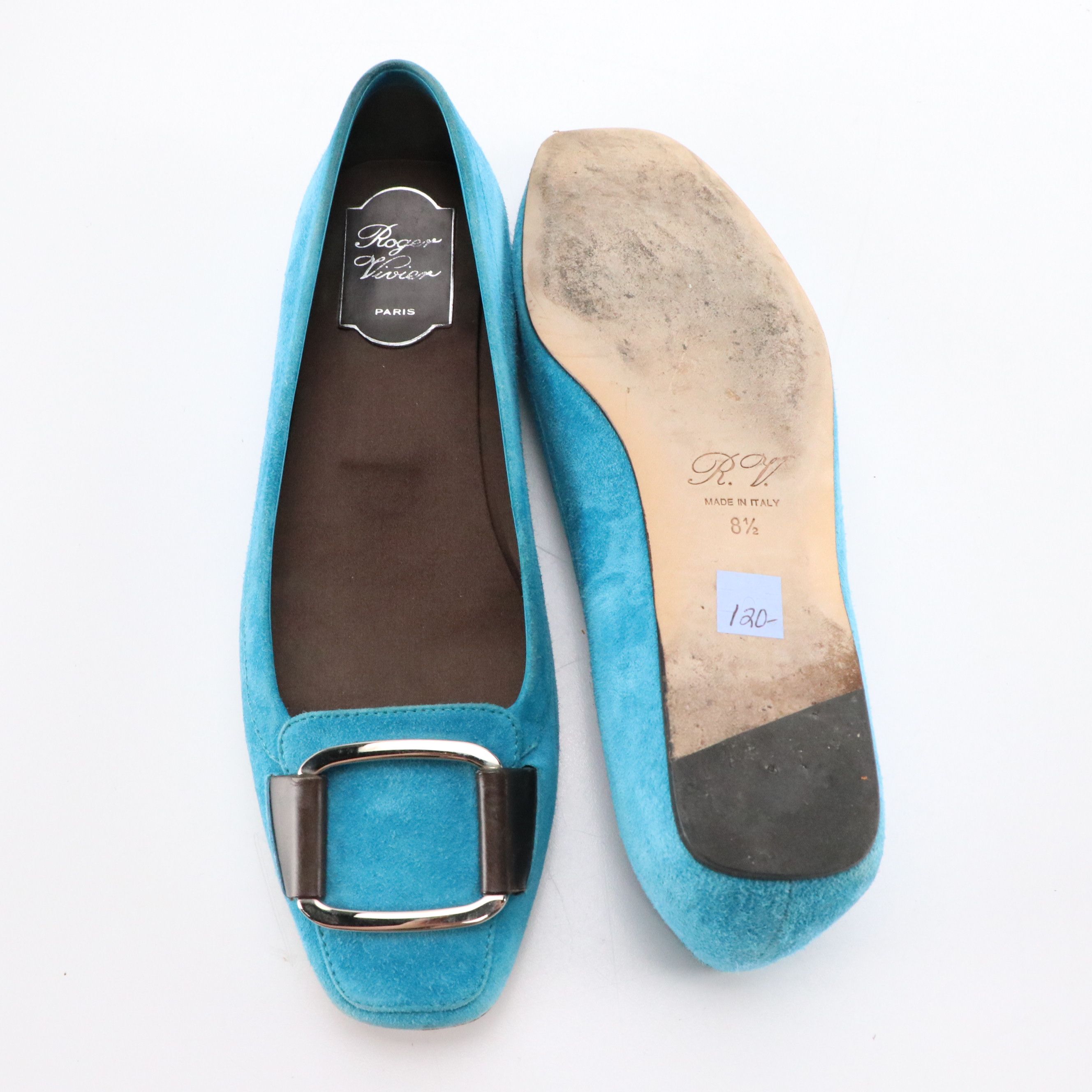 Tory Burch Round Toe Leather Flats and Roger Vivier Blue Suede Buckle Flats