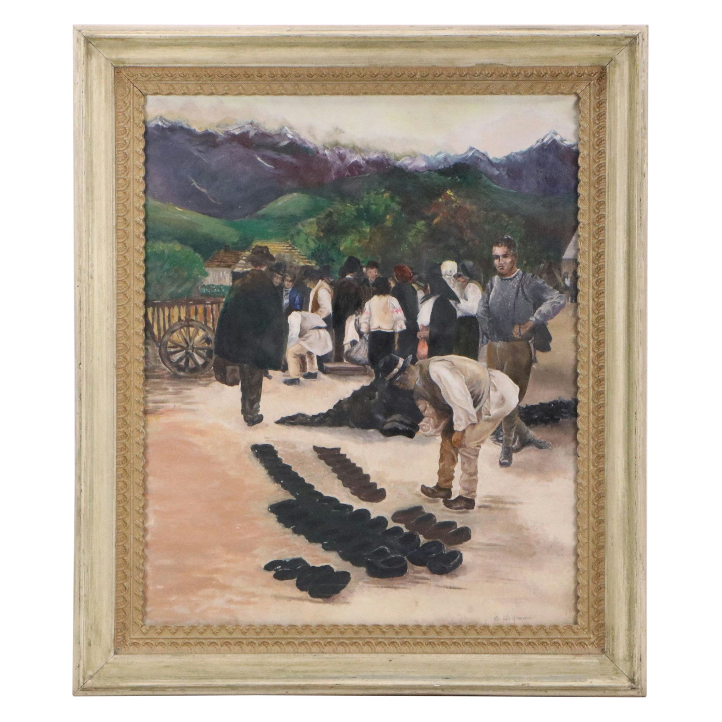 B. Hegman Oil Painting of Figures in Rural Scene