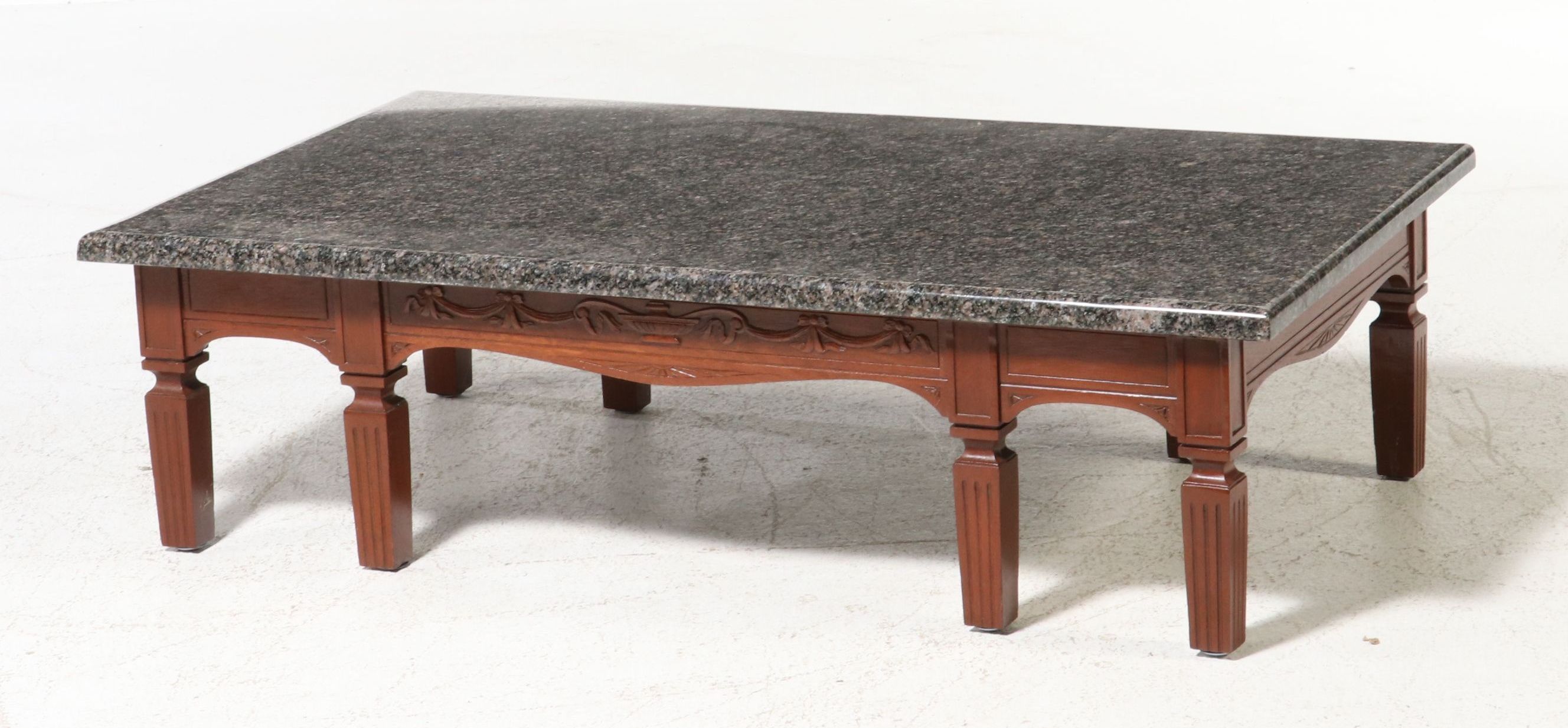 Neoclassical Style Carved Mahogany Coffee Table with Granite Top