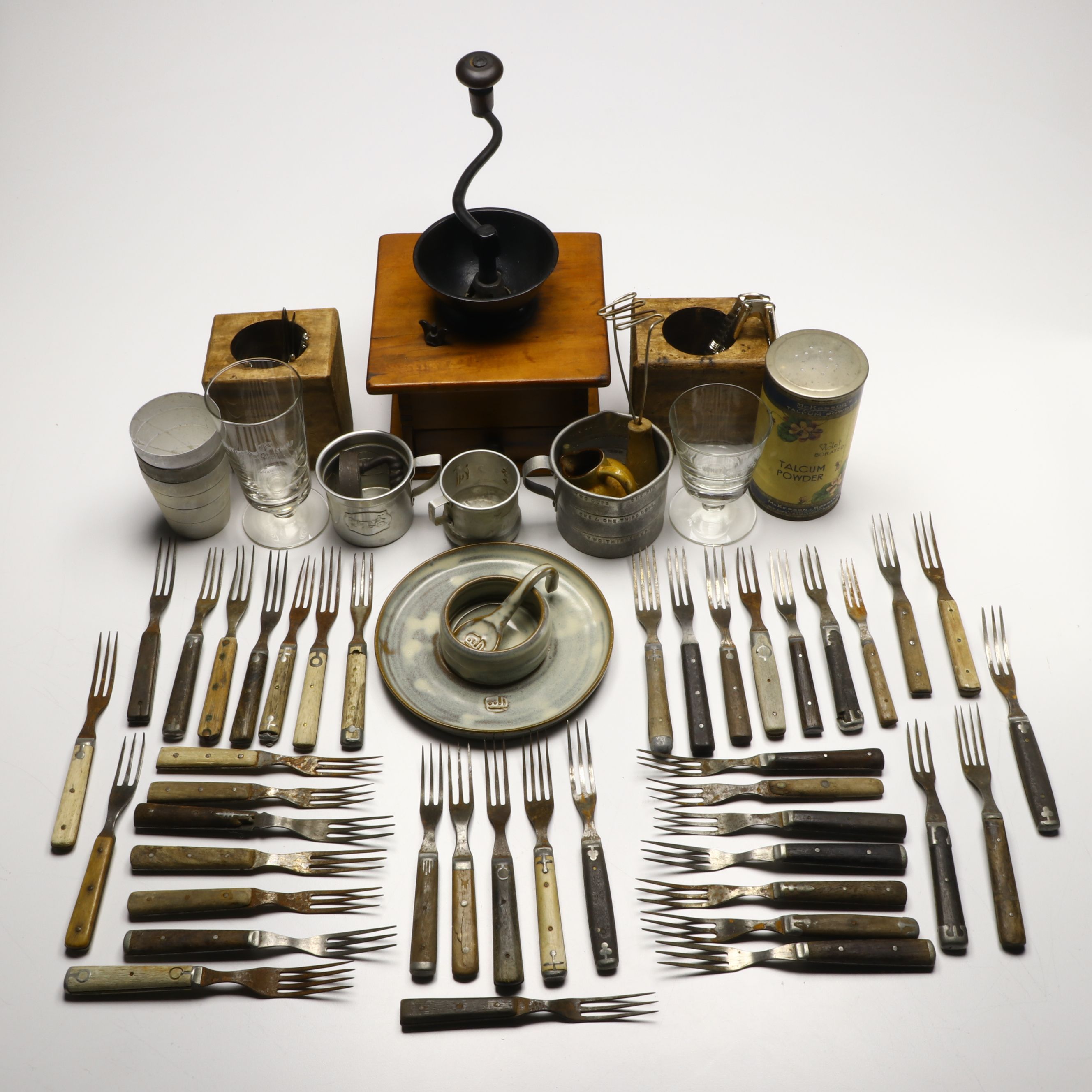 Victorian Wooden Handle Forks with Coffee Grinder and Other Decor