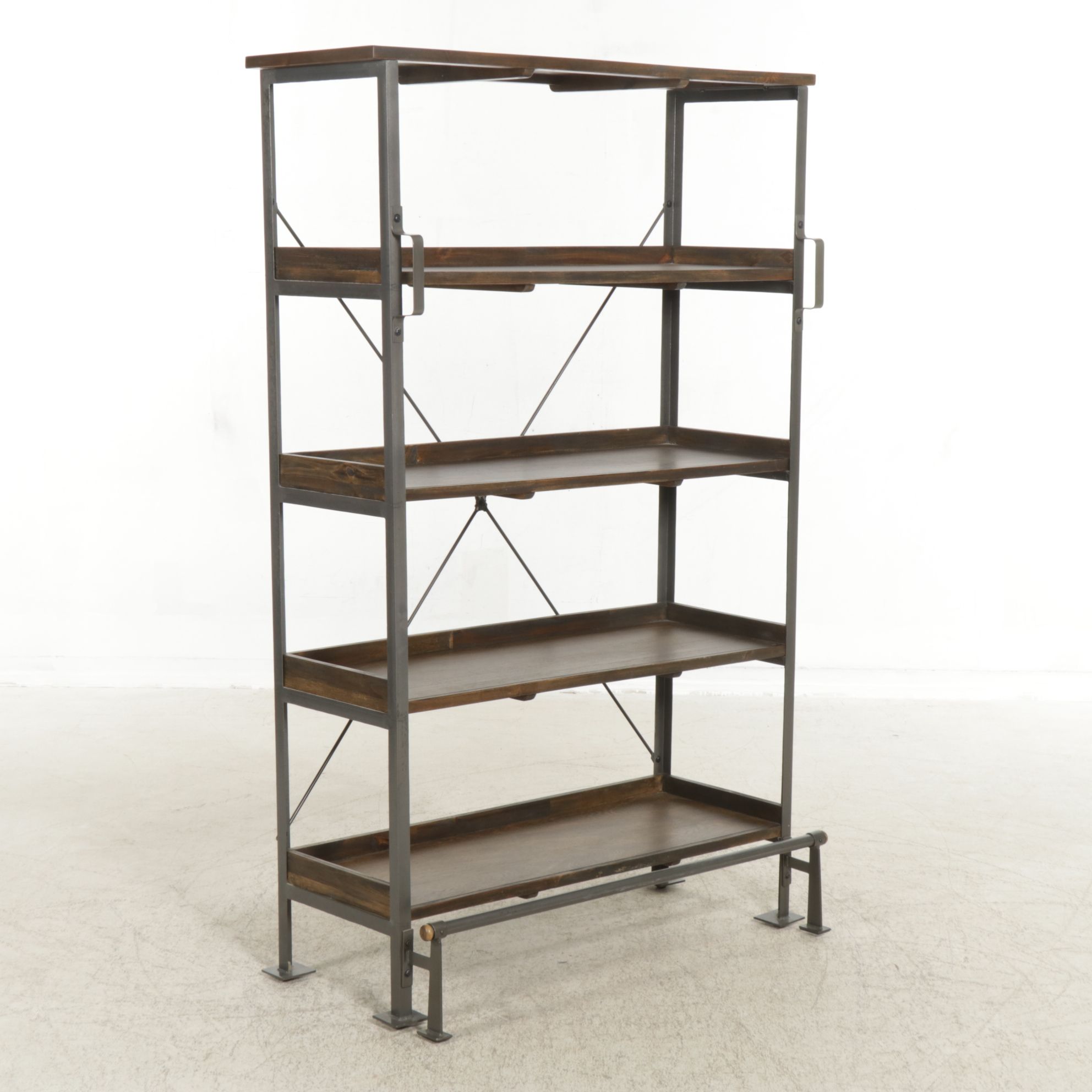 Industrial Style Metal and Wood Display Shelf with Foot Rail