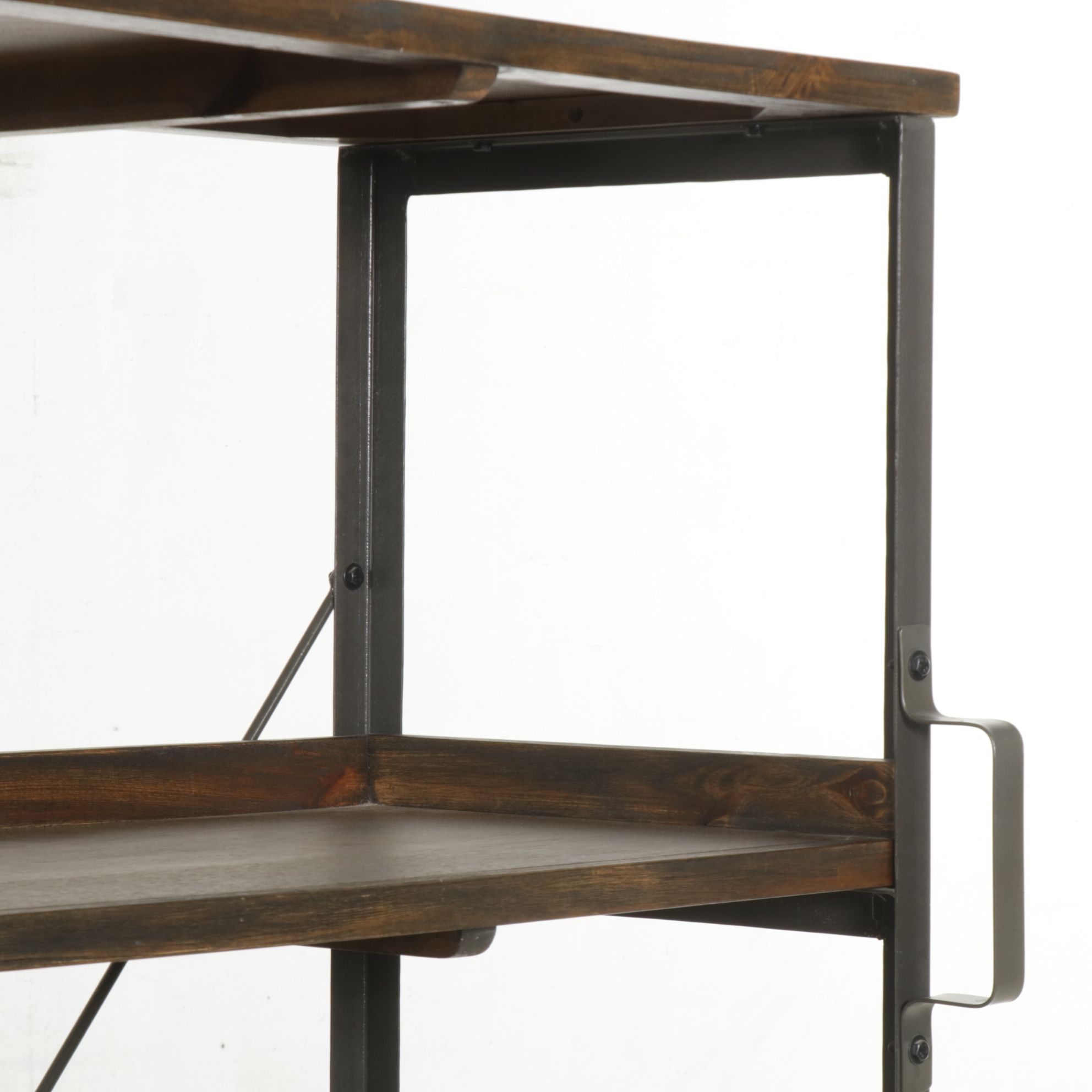 Industrial Style Metal and Wood Display Shelf with Foot Rail