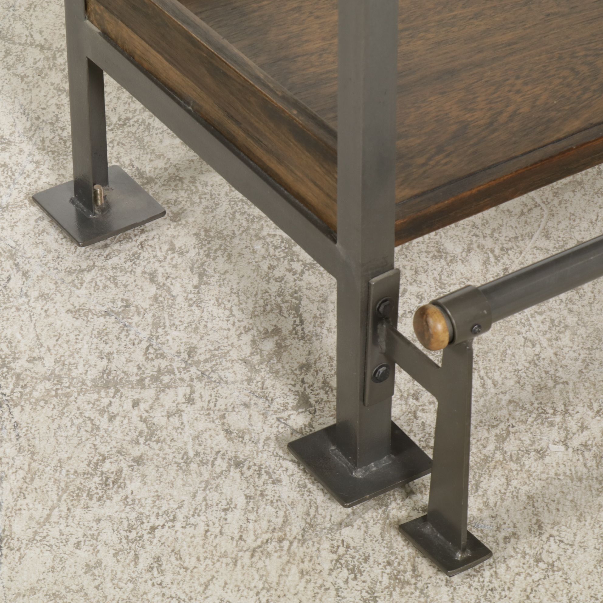 Industrial Style Metal and Wood Display Shelf with Foot Rail