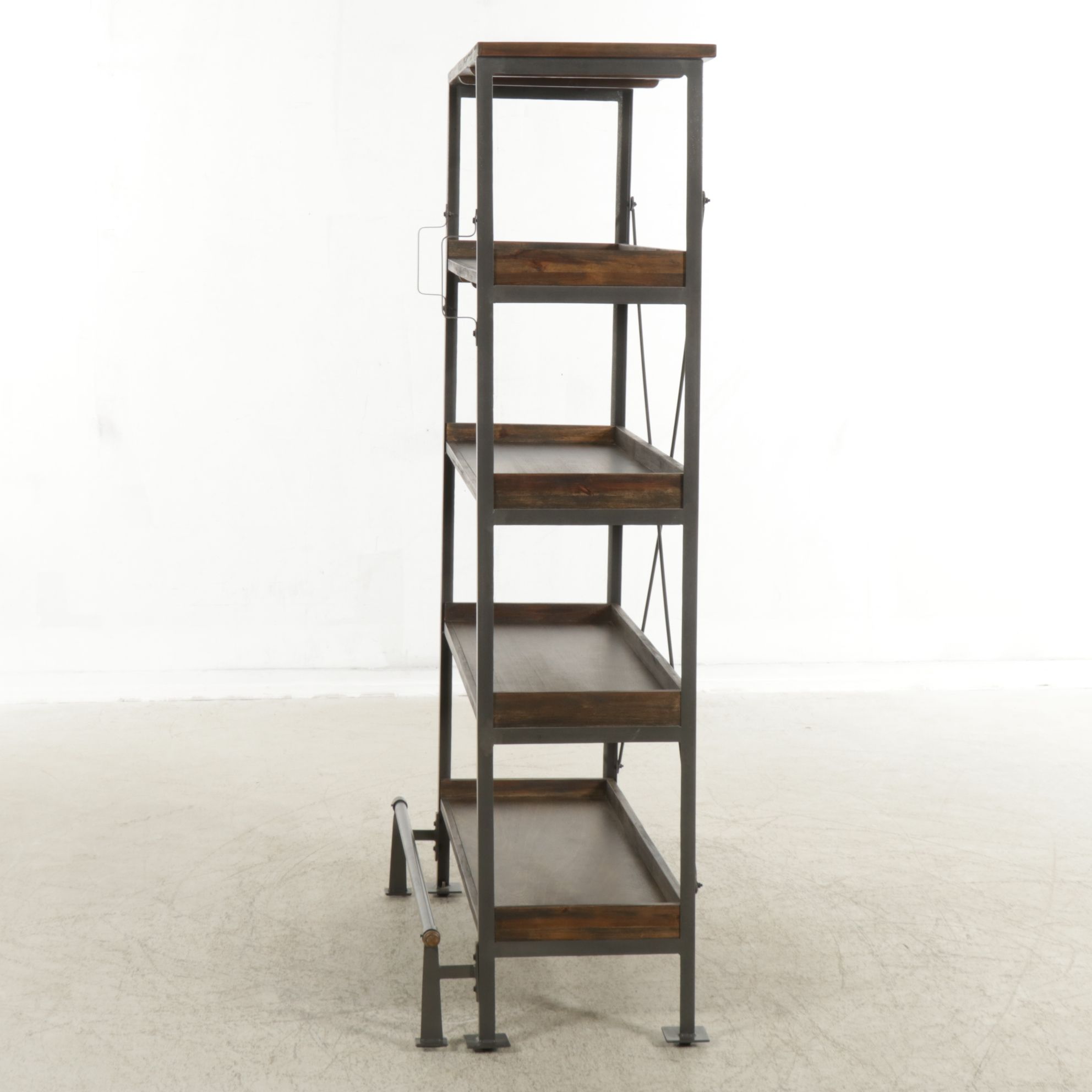 Industrial Style Metal and Wood Display Shelf with Foot Rail