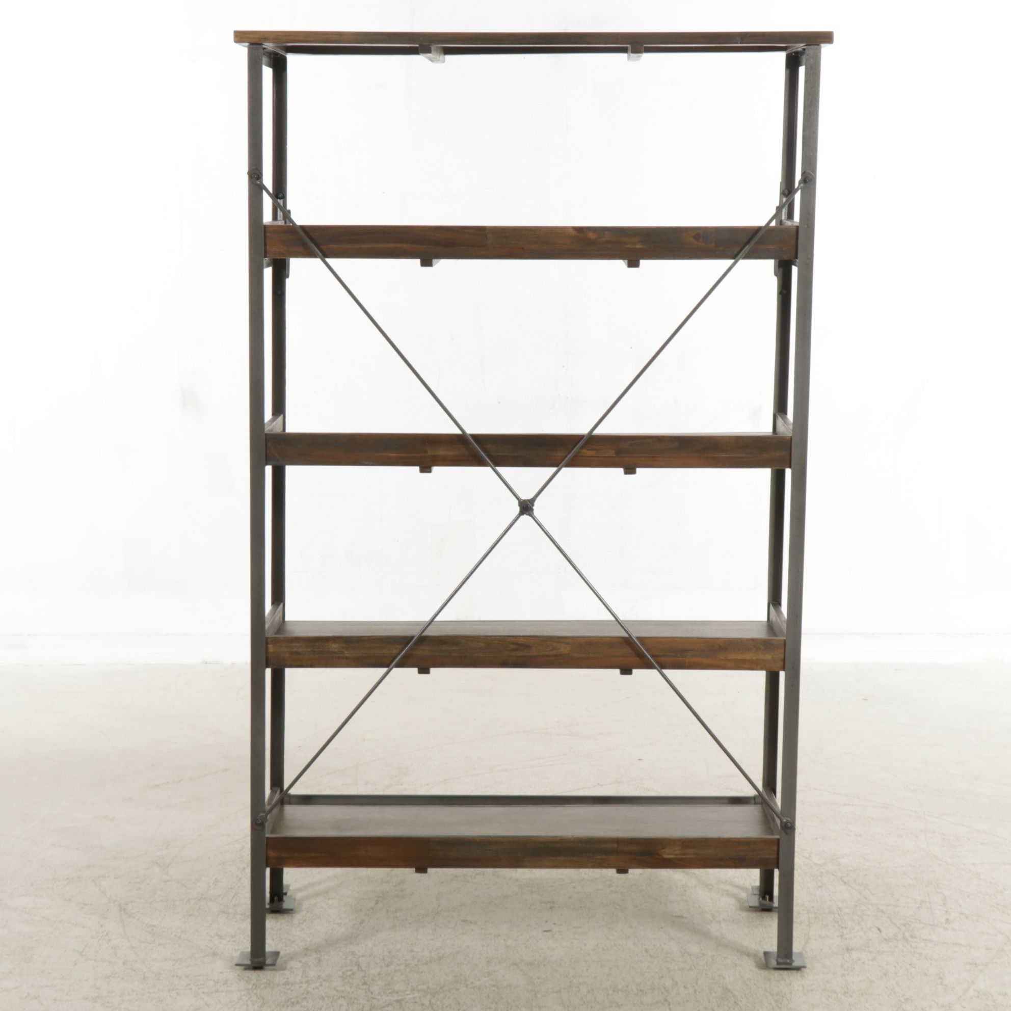 Industrial Style Metal and Wood Display Shelf with Foot Rail