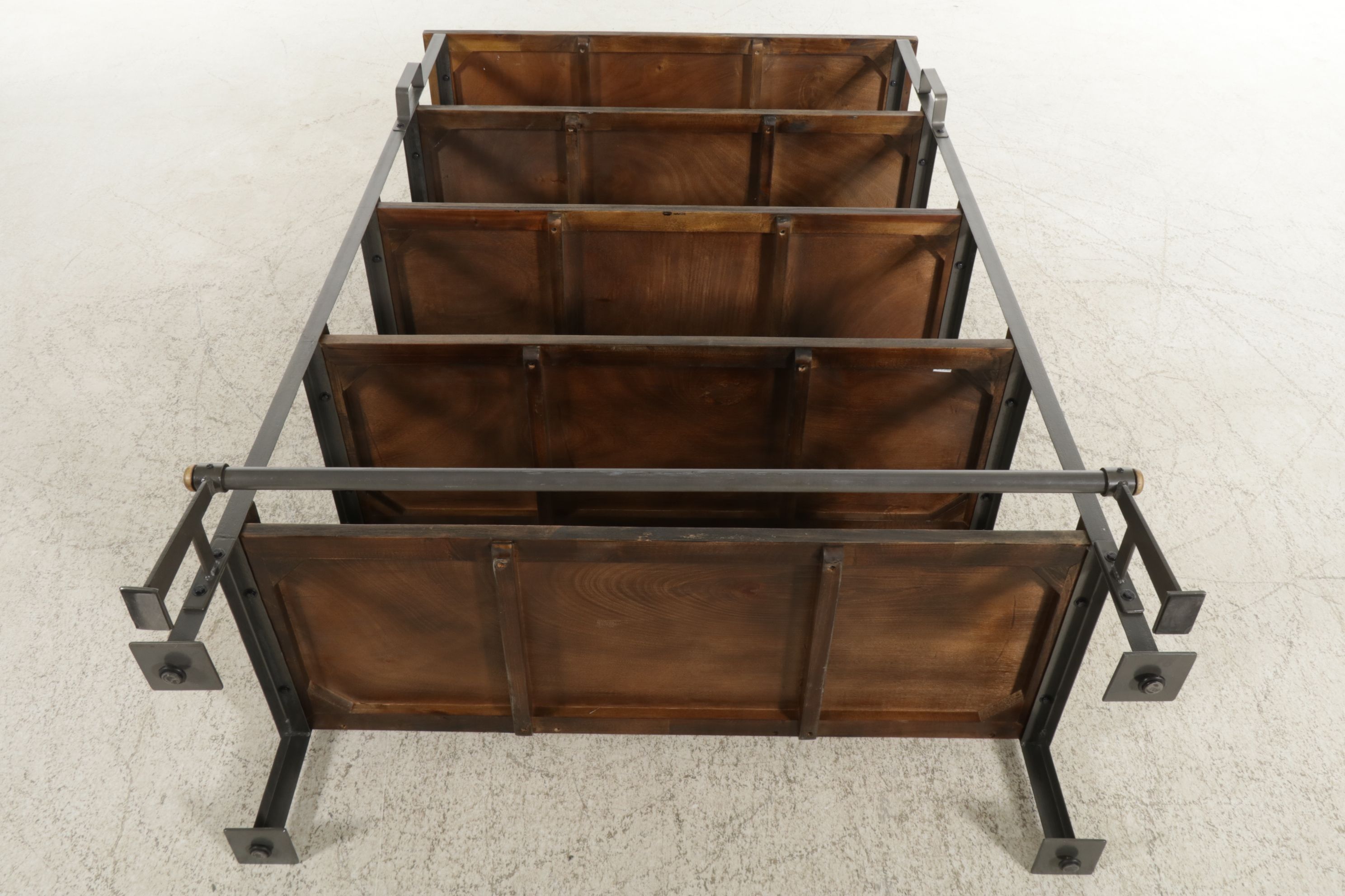 Industrial Style Metal and Wood Display Shelf with Foot Rail