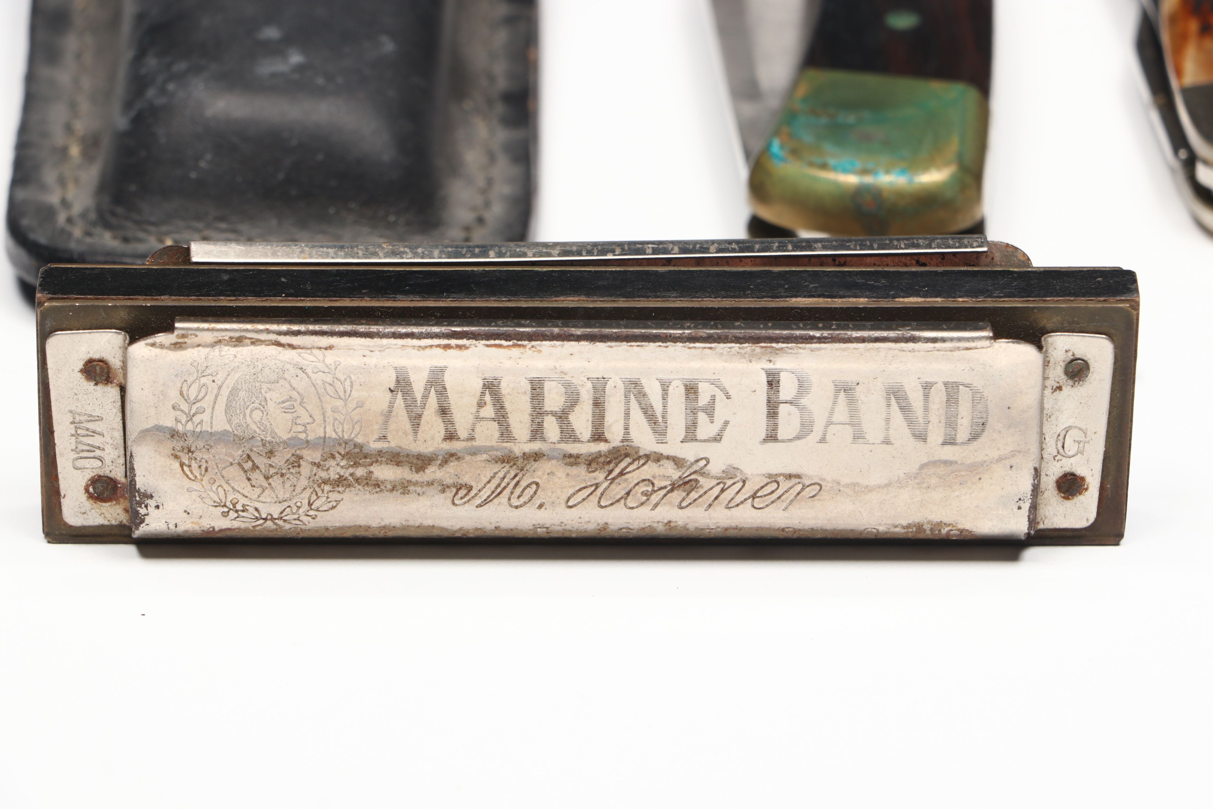 M. Hohner "Marine Band" Harmonica with Buck, Case and Other Folding Knives