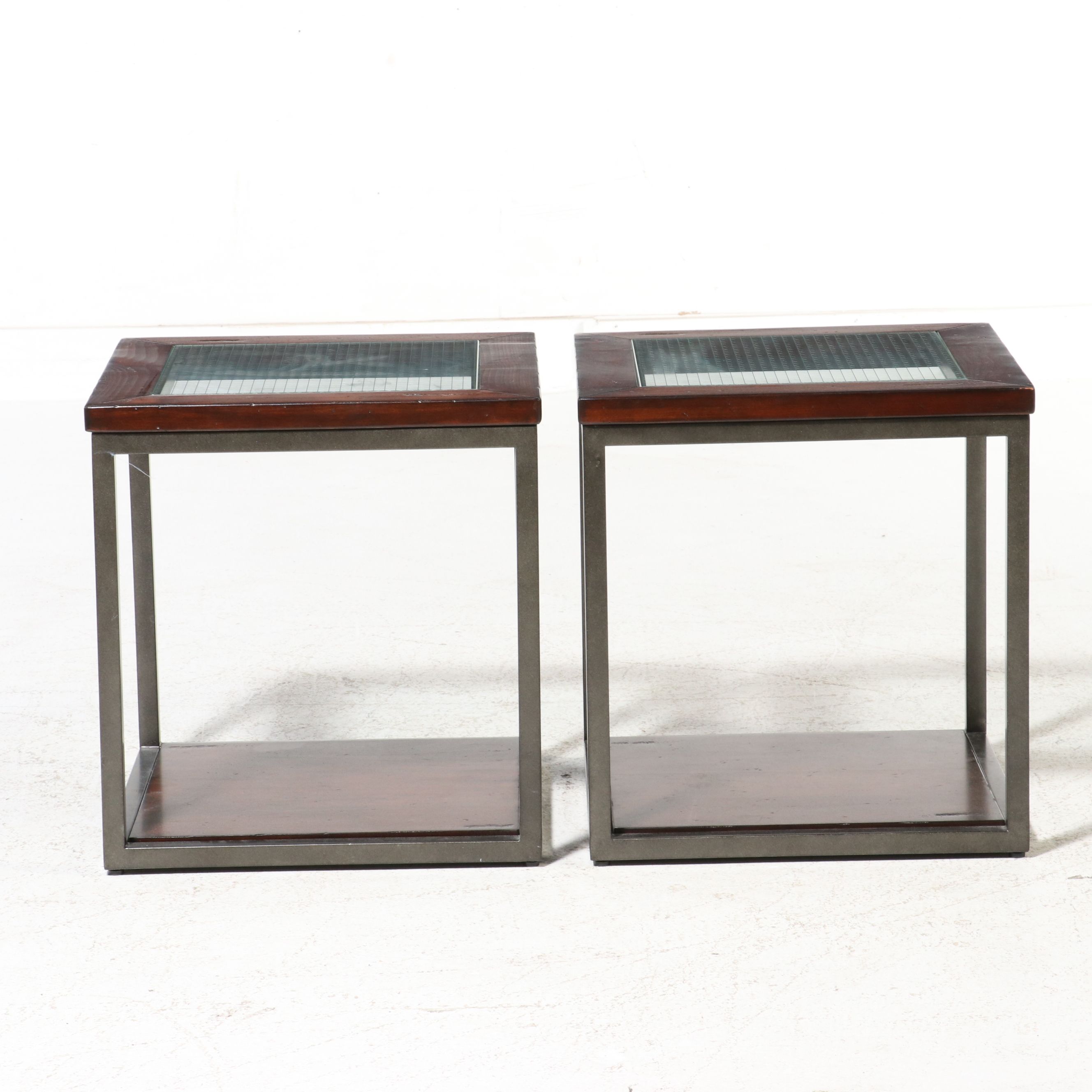 Pair of Industrial Modern Cube Side Tables with Wire Glass Tops
