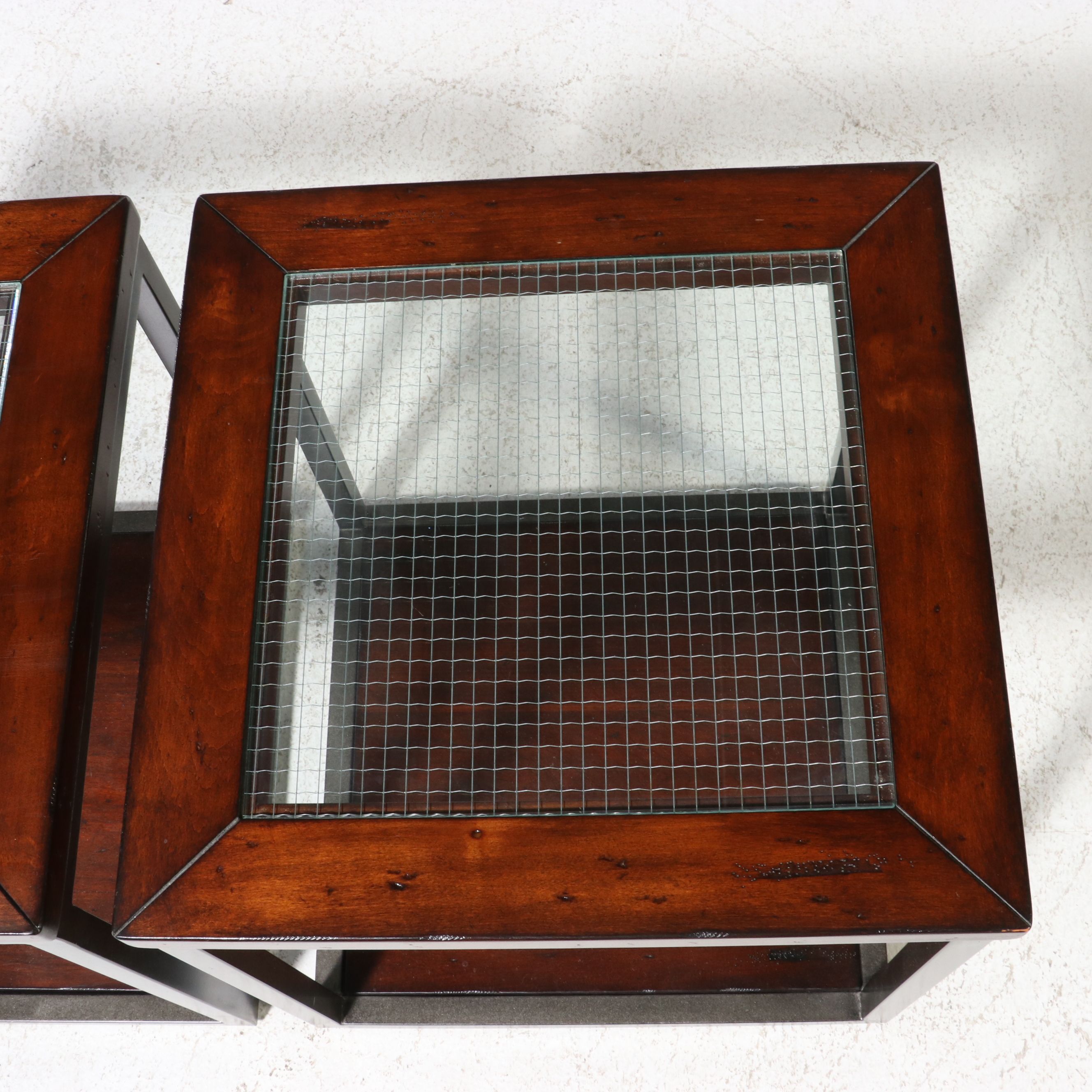 Pair of Industrial Modern Cube Side Tables with Wire Glass Tops