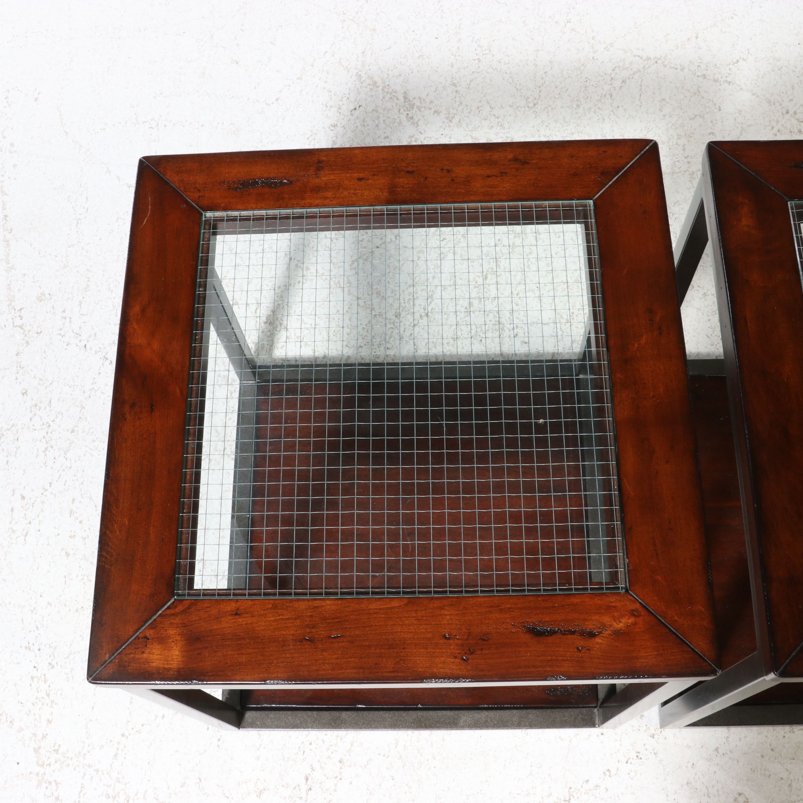 Pair of Industrial Modern Cube Side Tables with Wire Glass Tops