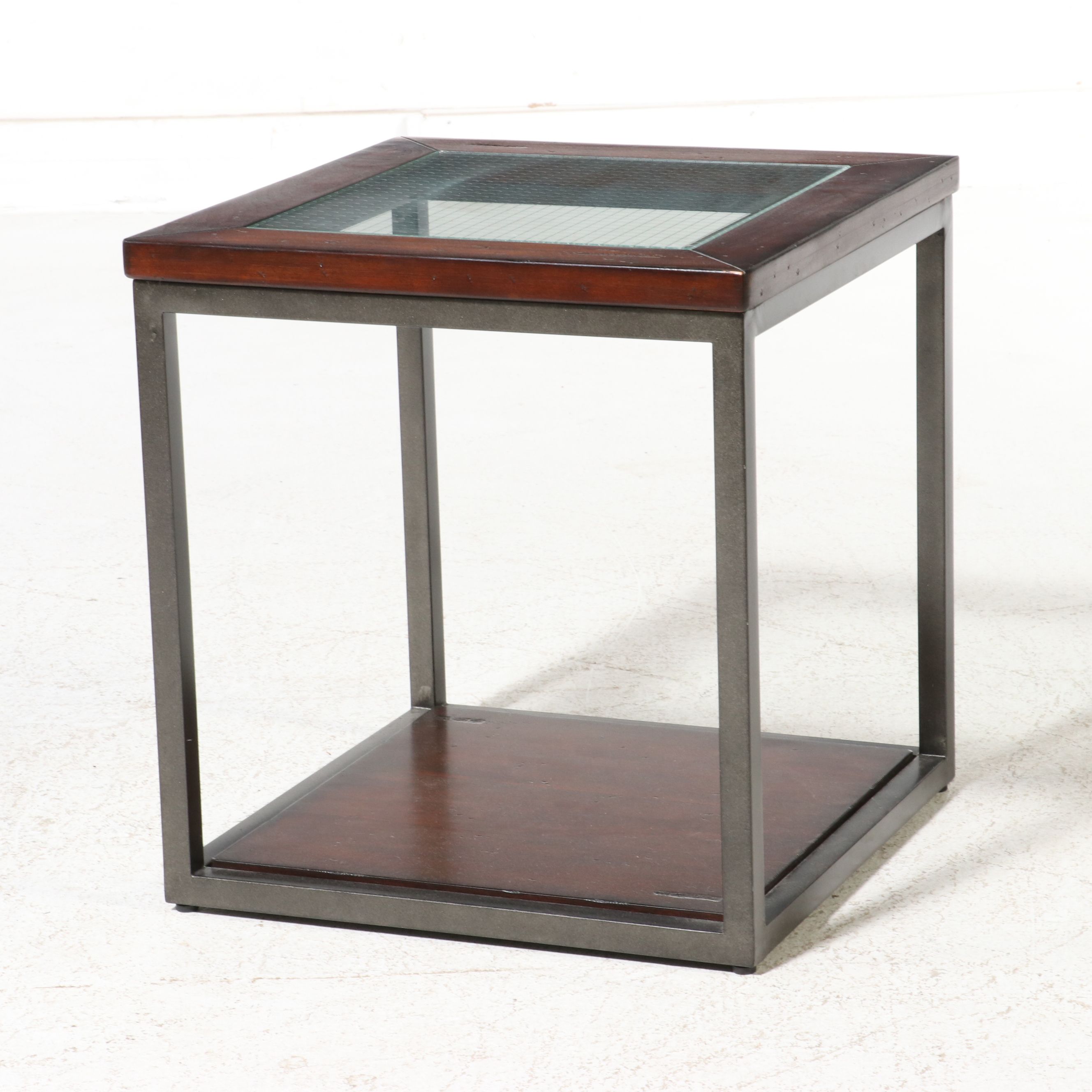 Pair of Industrial Modern Cube Side Tables with Wire Glass Tops