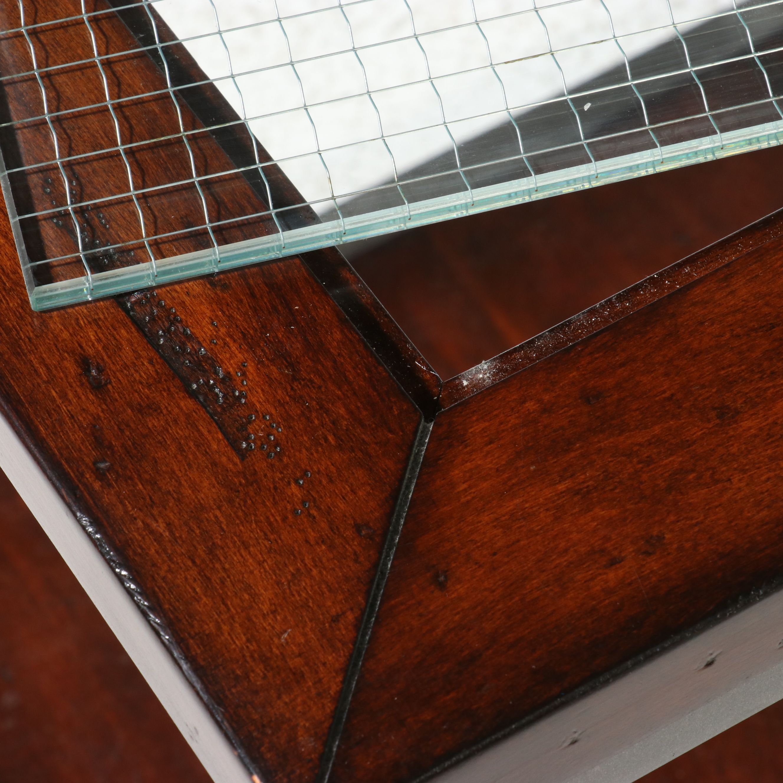 Pair of Industrial Modern Cube Side Tables with Wire Glass Tops