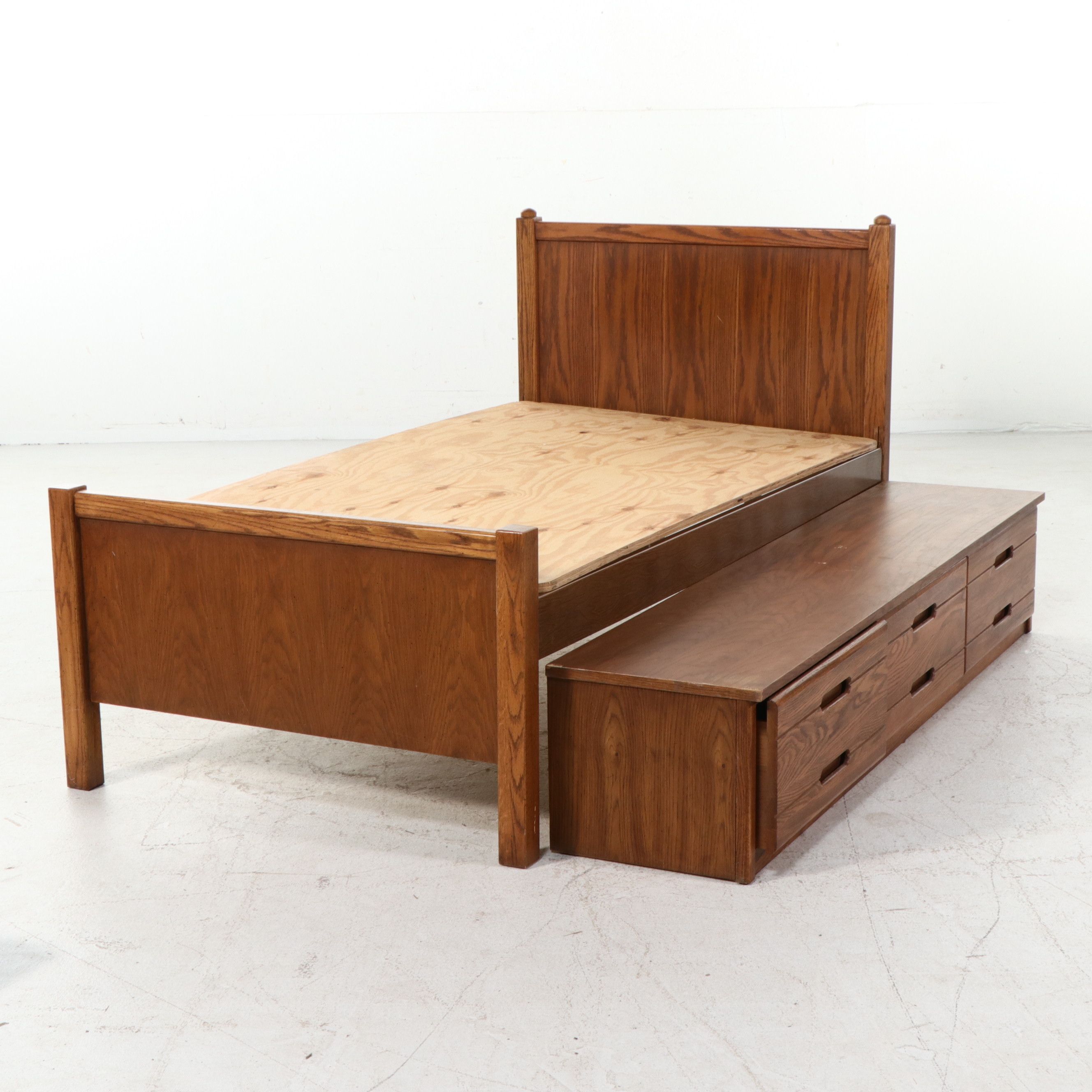Mid Century Modern Style Oak Twin Bed and Storage Console
