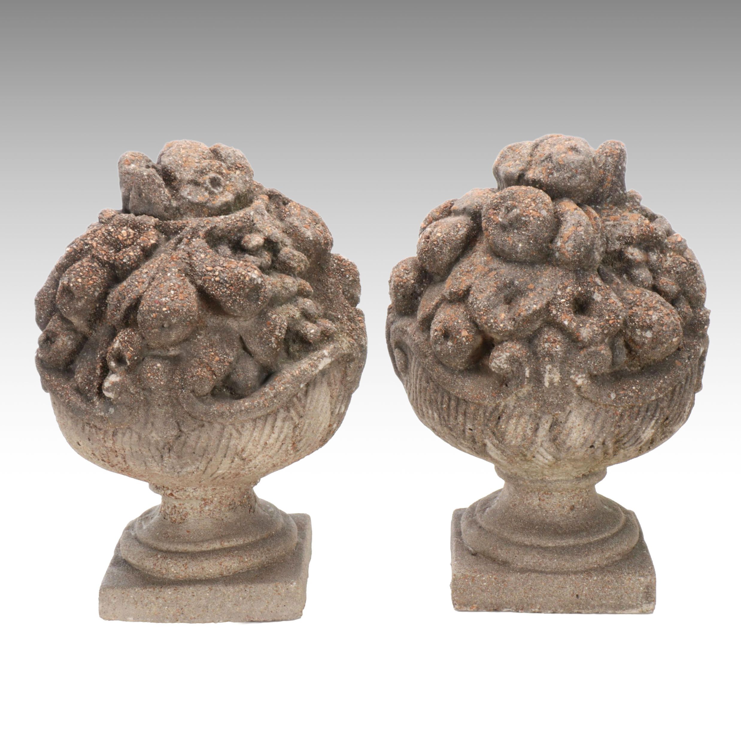 Pair of French Style Concrete Fruit Basket Garden Finials