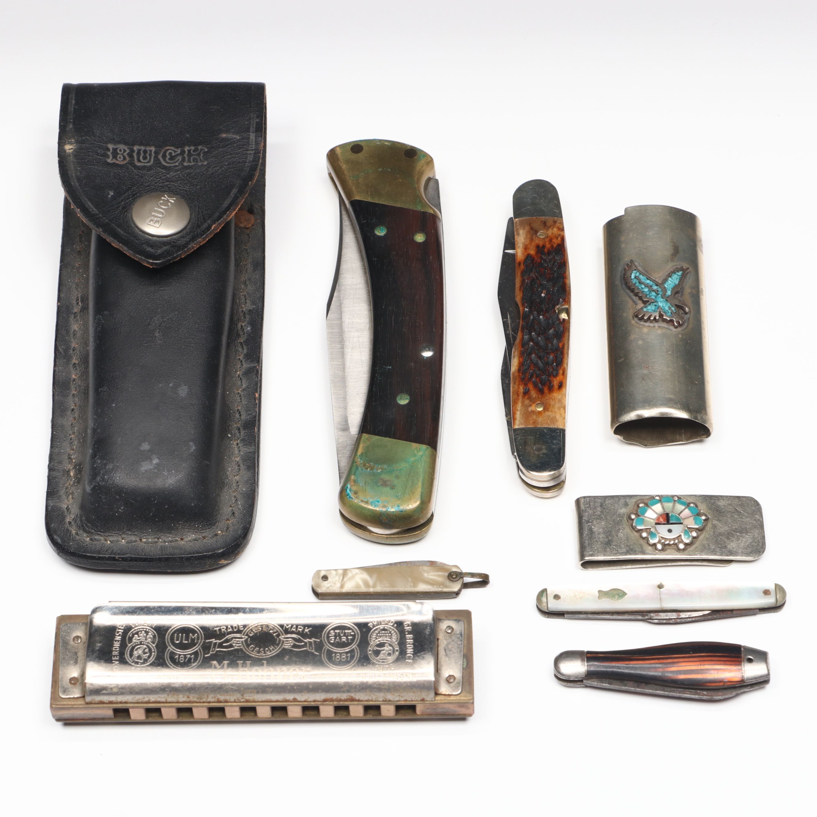 M. Hohner "Marine Band" Harmonica with Buck, Case and Other Folding Knives