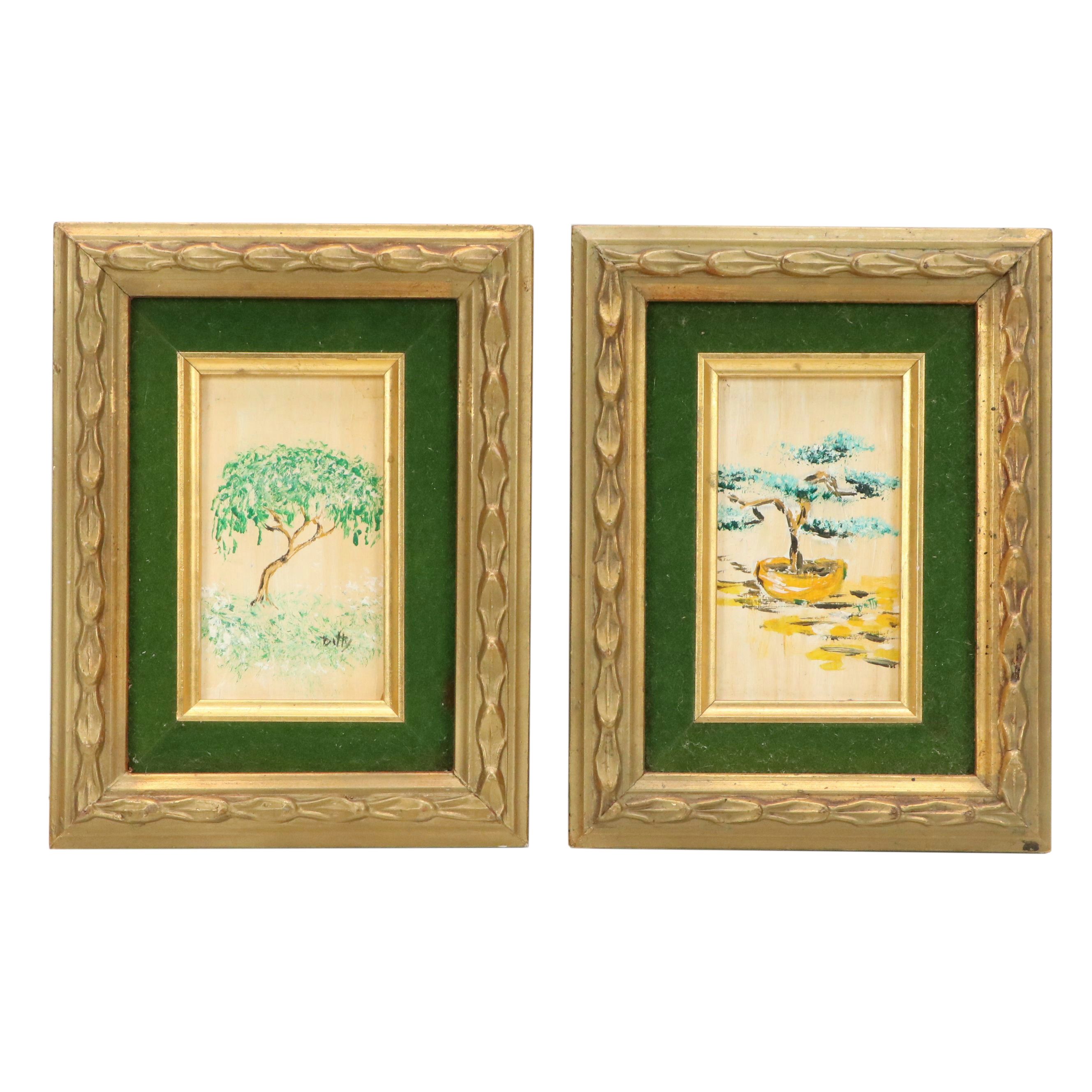 East Asian Inspired Botanical Oil Paintings, Late 20th Century