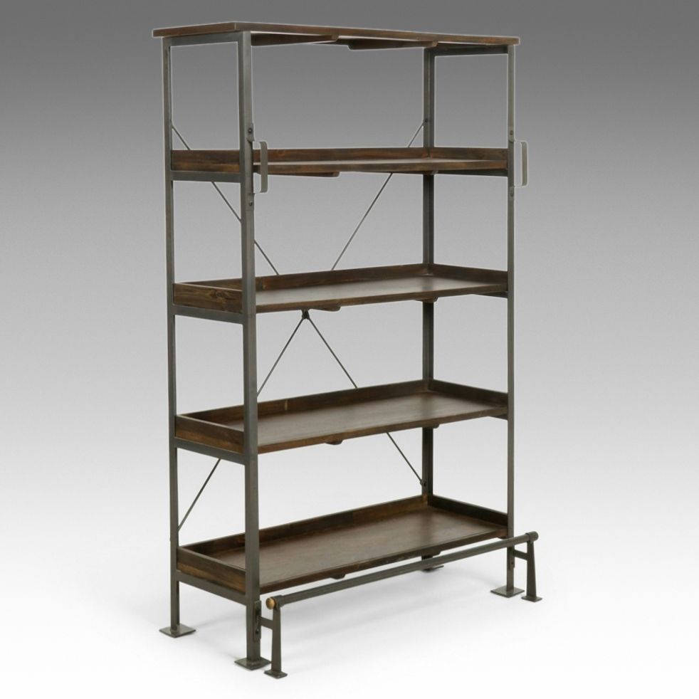 Industrial Style Metal and Wood Display Shelf with Foot Rail
