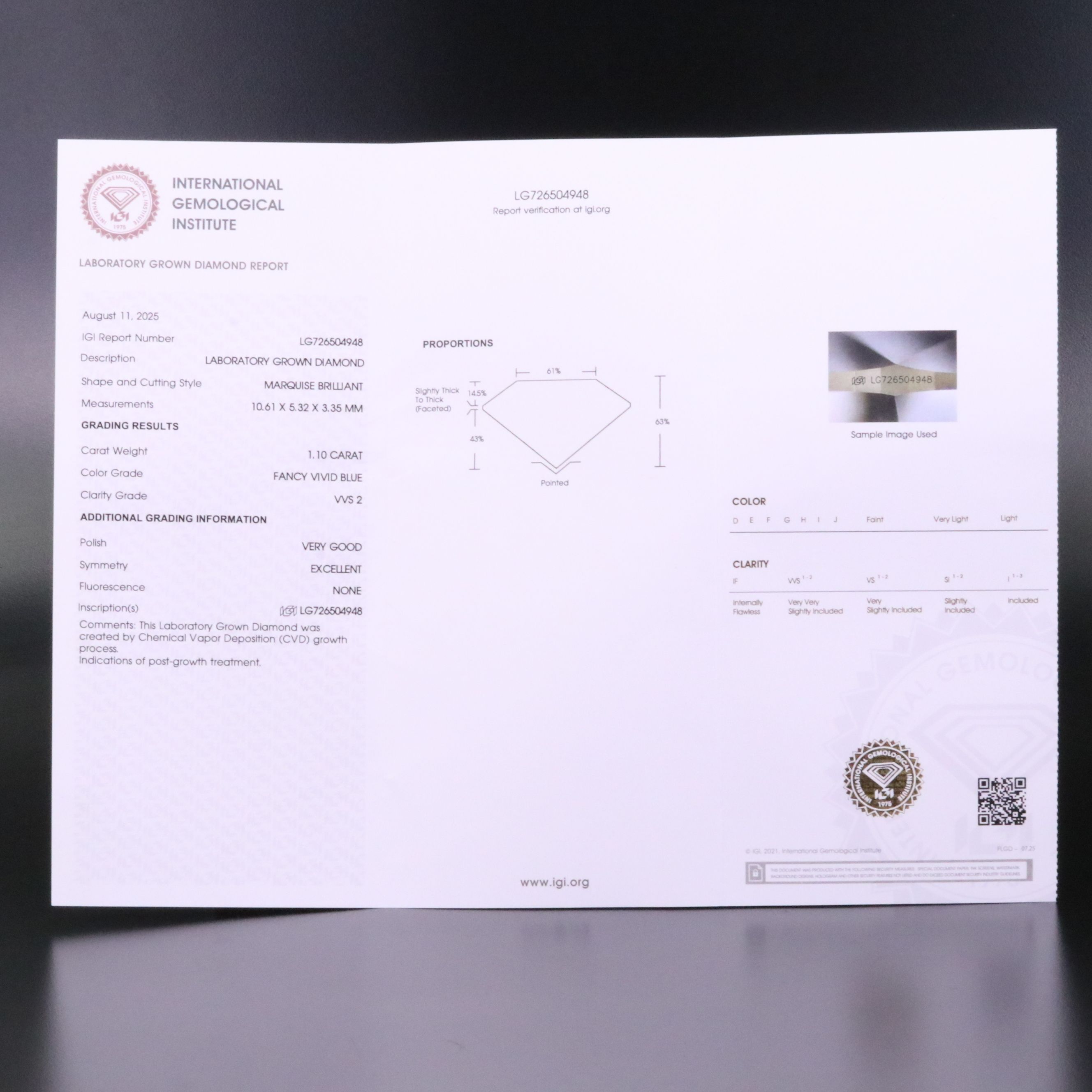 Loose 1.10 CT Lab Grown Diamond with IGI Report