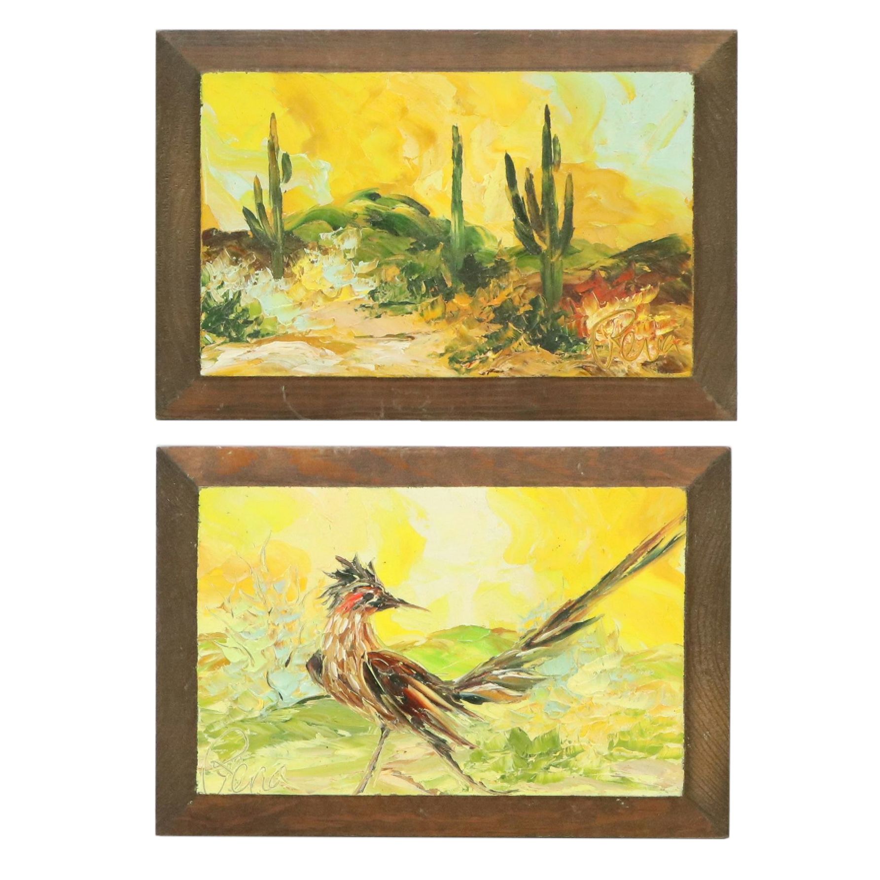 Oil Paintings of Southwestern Landscape and Roadrunner, Late 20th Century