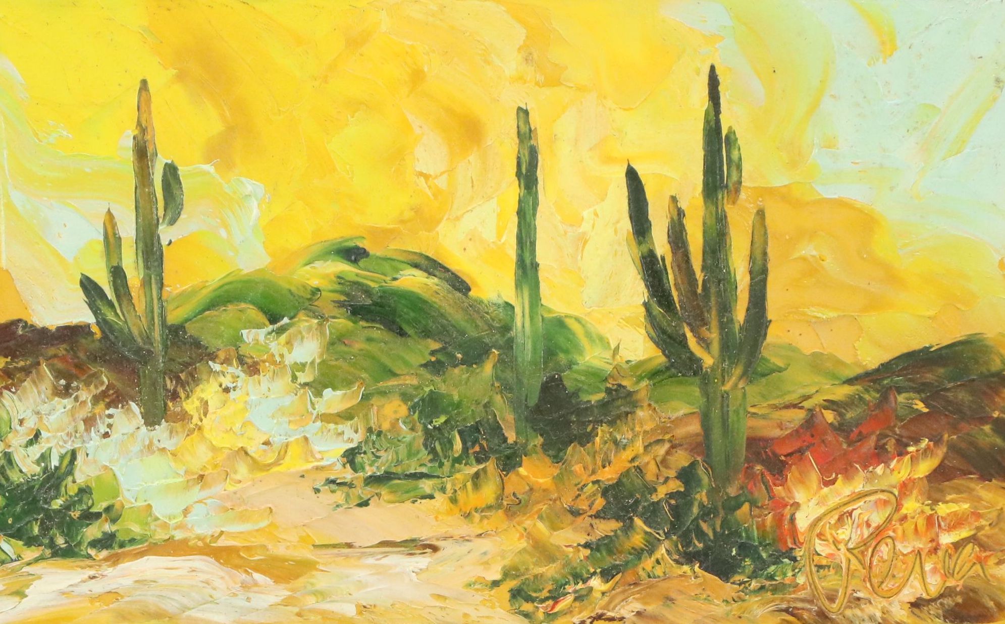 Oil Paintings of Southwestern Landscape and Roadrunner, Late 20th Century