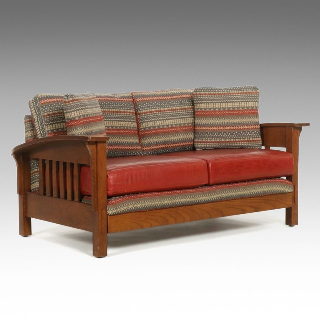Craftsman Style Oak Loveseat with Leather and Fabric Upholstry