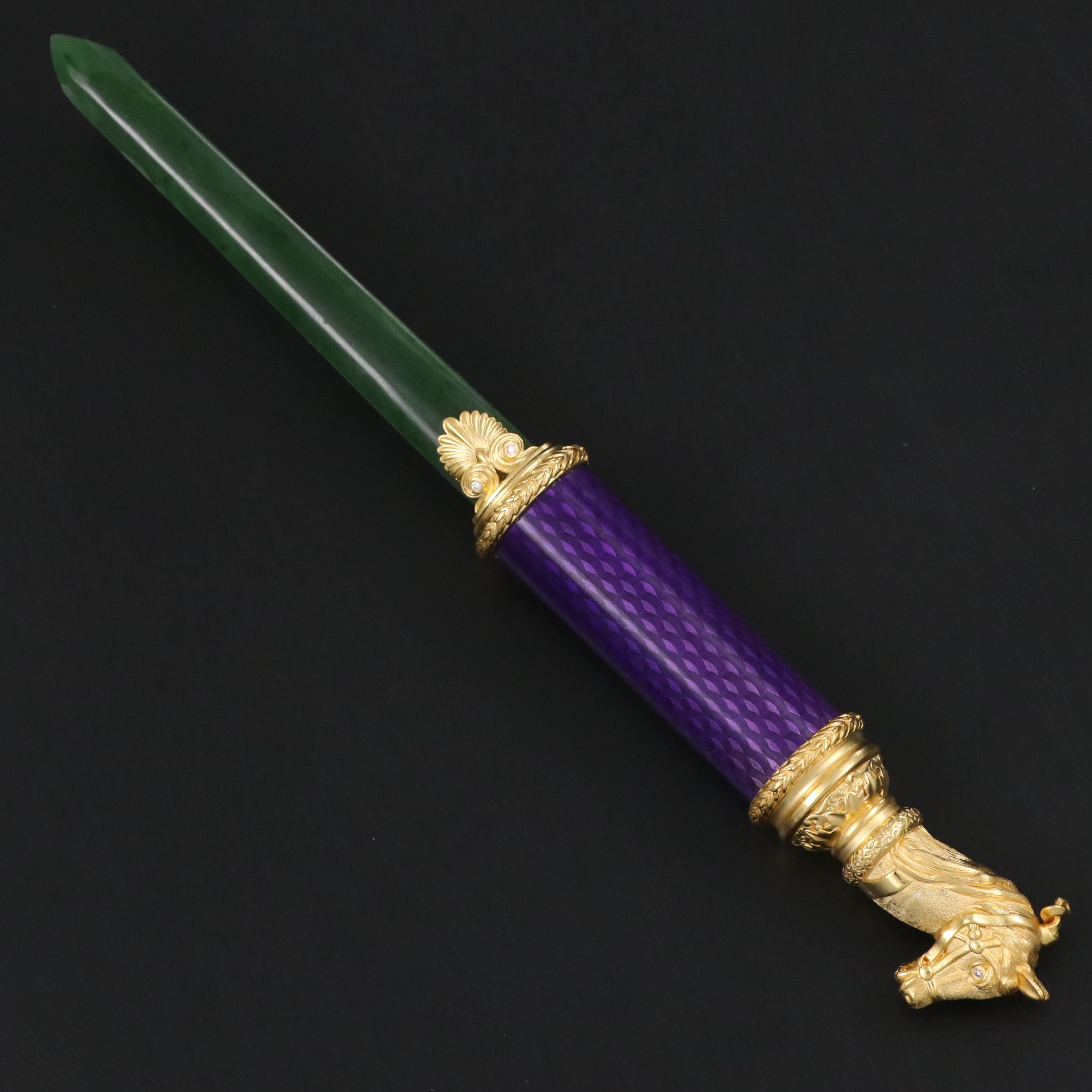 Imperial Russian Gilt Silver and Nephrite Letter Opener with Diamond Accents