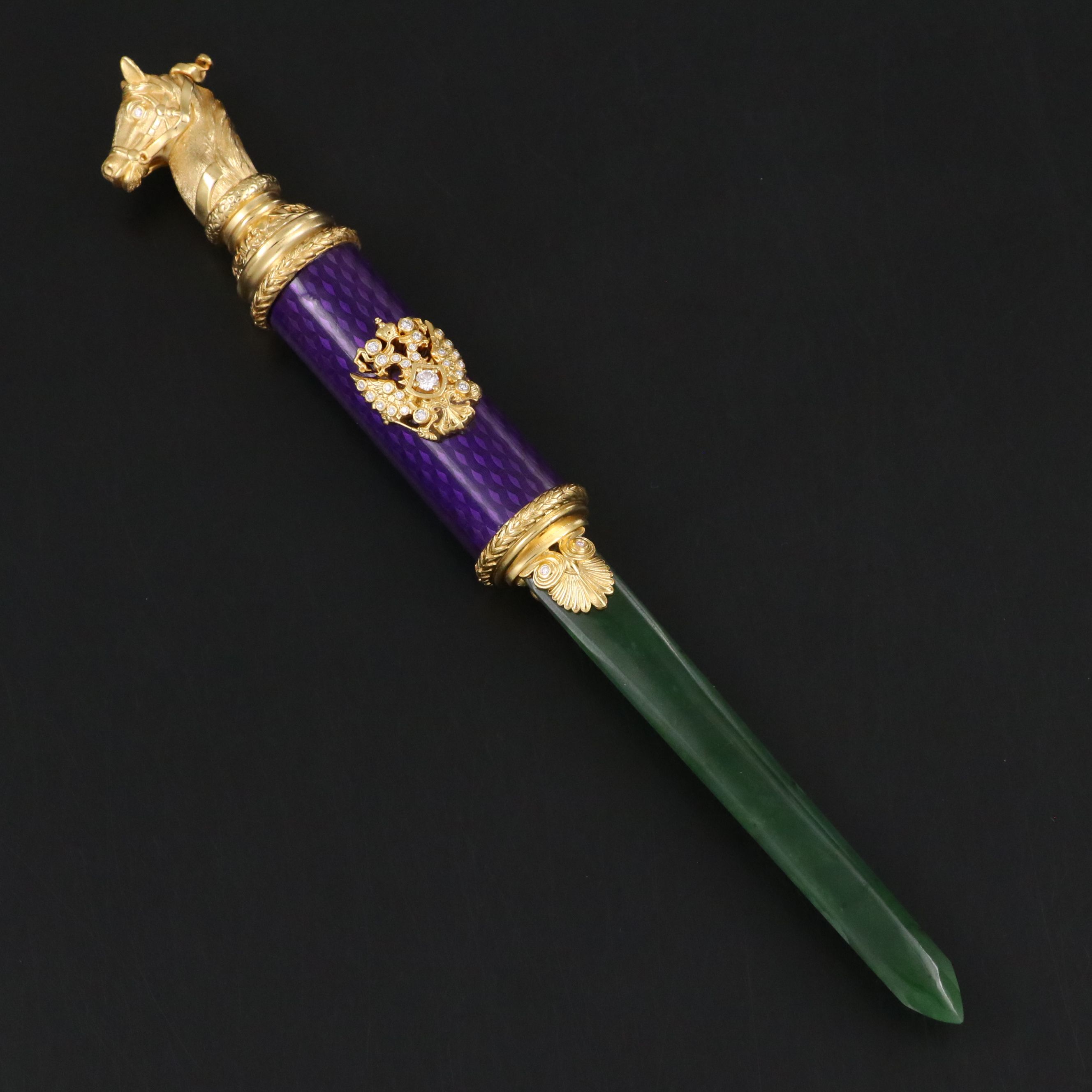 Imperial Russian Gilt Silver and Nephrite Letter Opener with Diamond Accents