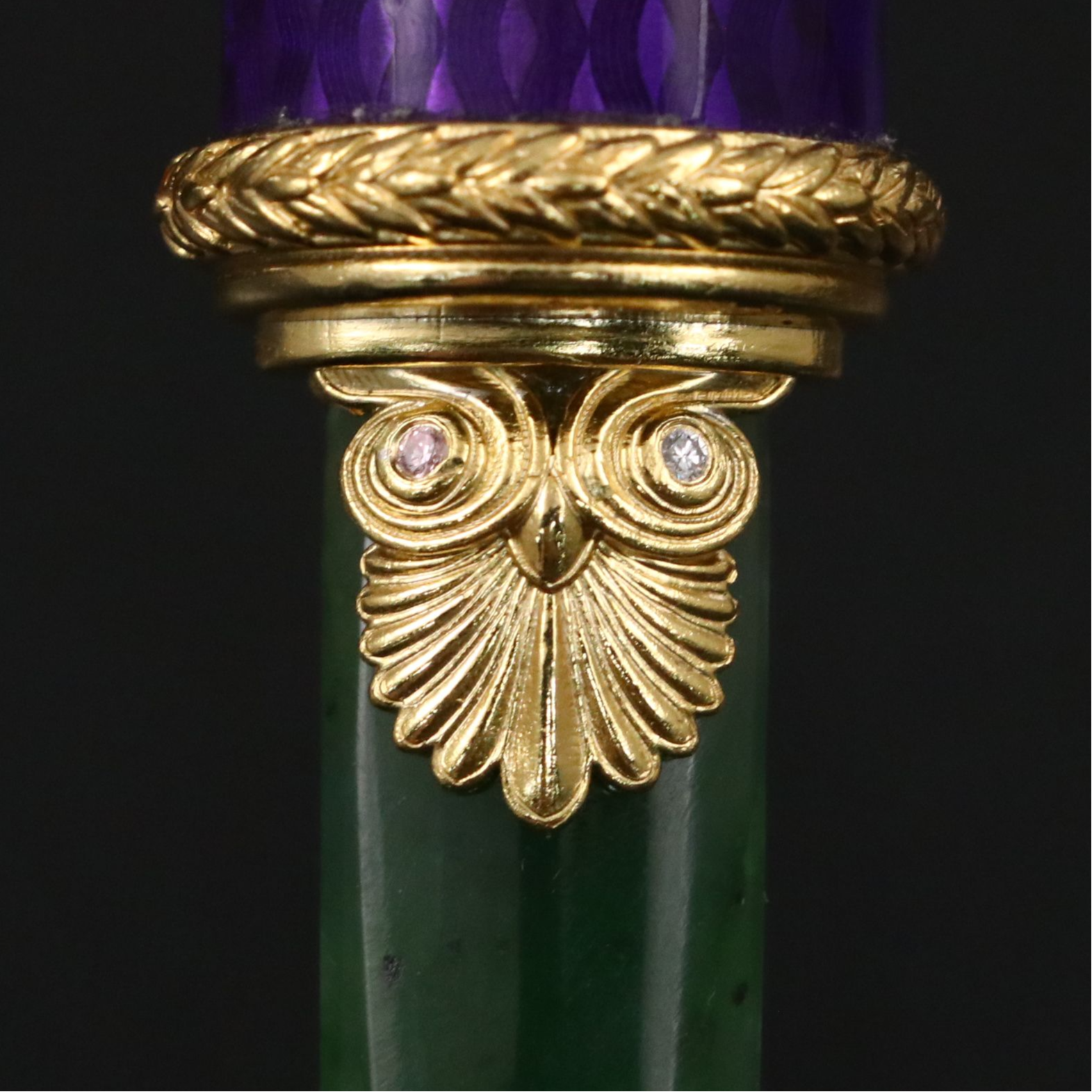 Imperial Russian Gilt Silver and Nephrite Letter Opener with Diamond Accents