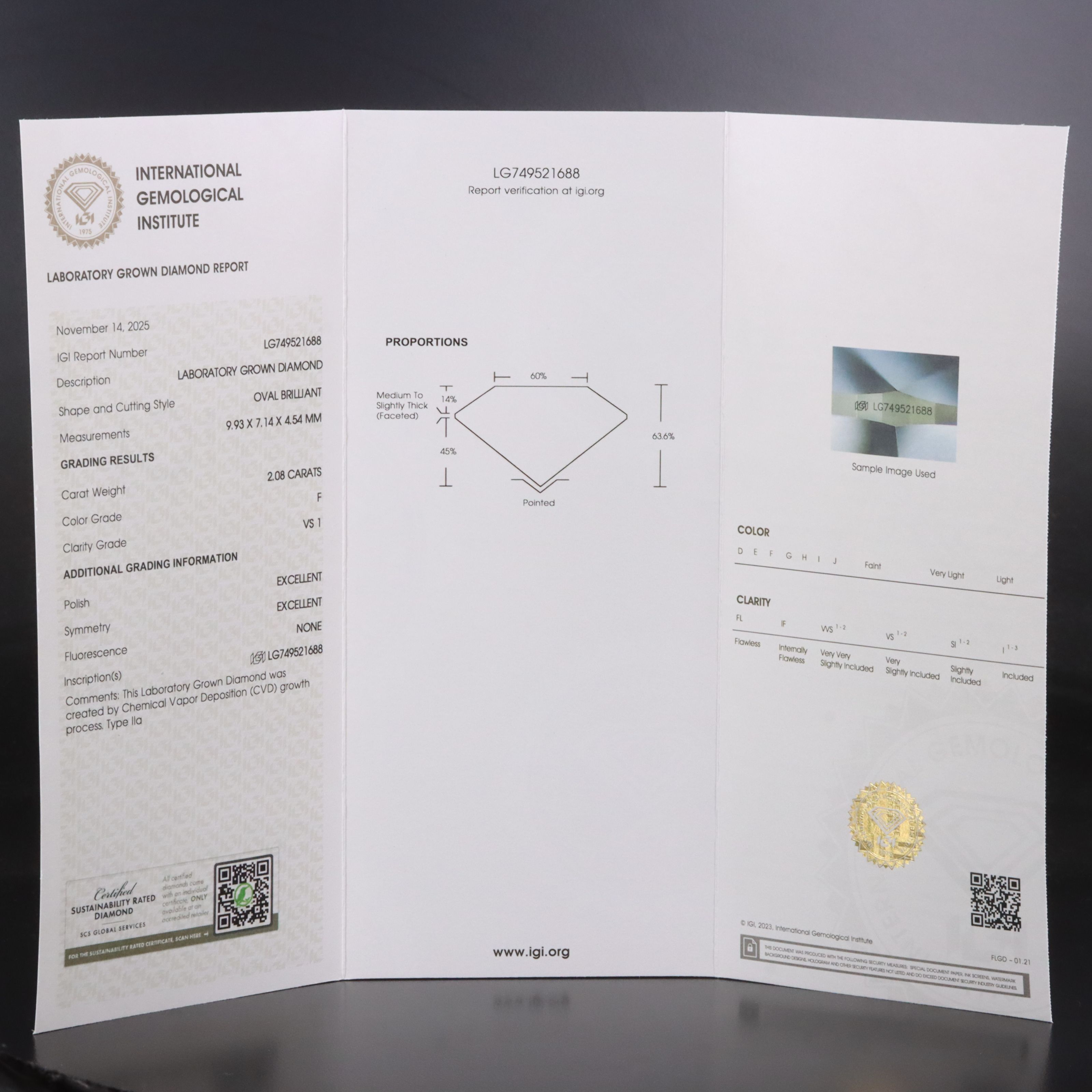 14K 2.08 CT Lab Grown Diamond Solitaire Pendant with IGI Report