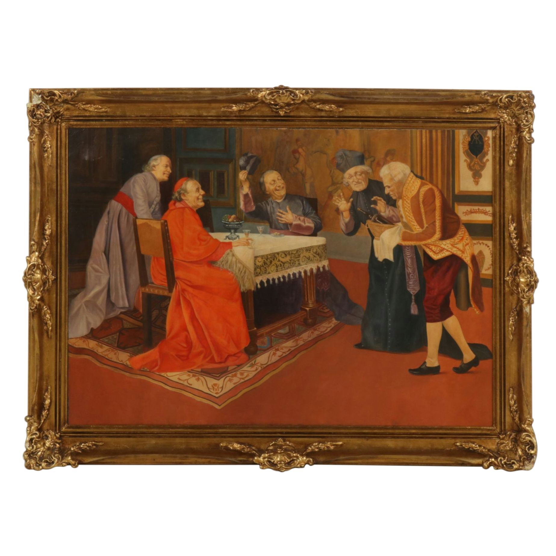 Interior Scene Oil Painting of Discussions Amongst Papal Members and Cardinals