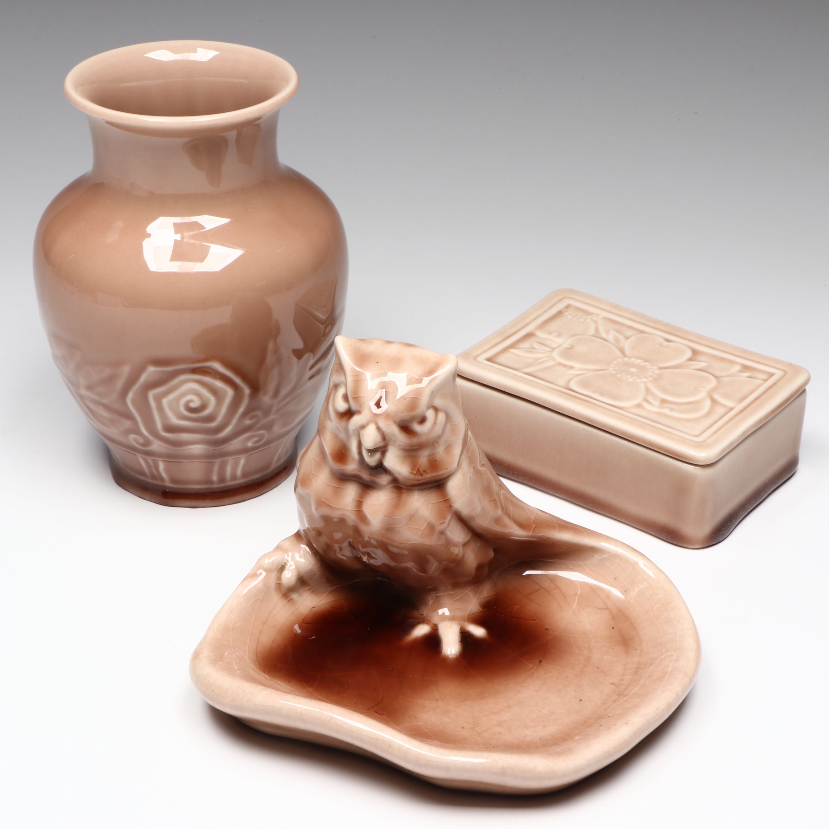 Rookwood Pottery Owl Bowl, Floral Box, and Base, 1944-1946
