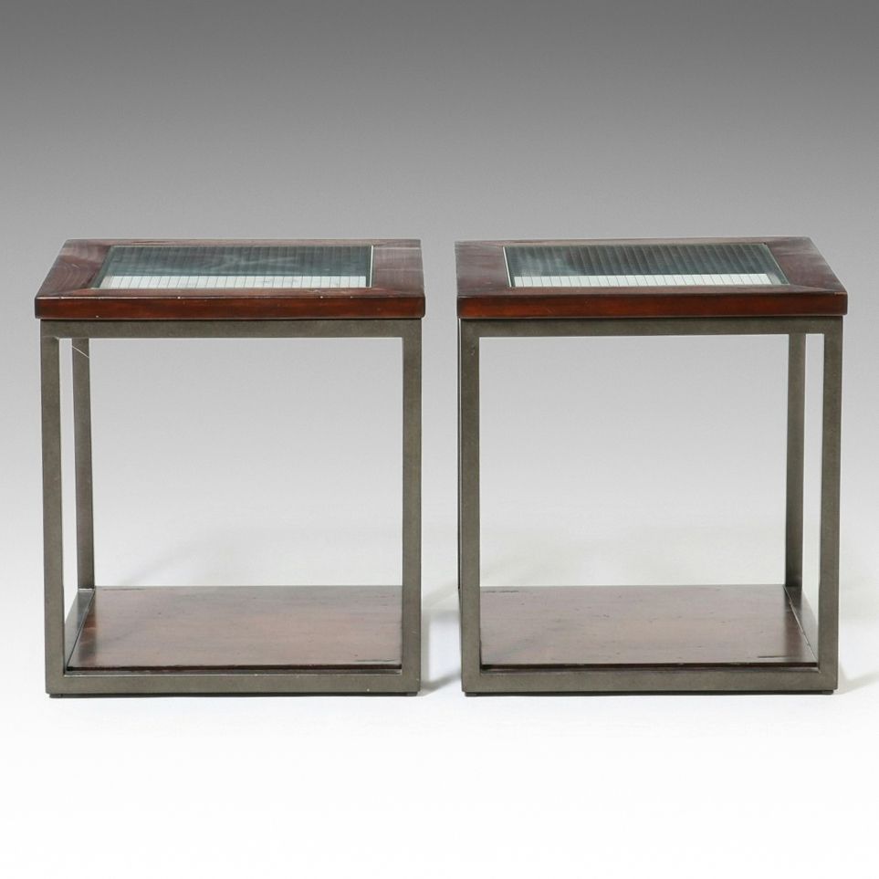 Pair of Industrial Modern Cube Side Tables with Wire Glass Tops