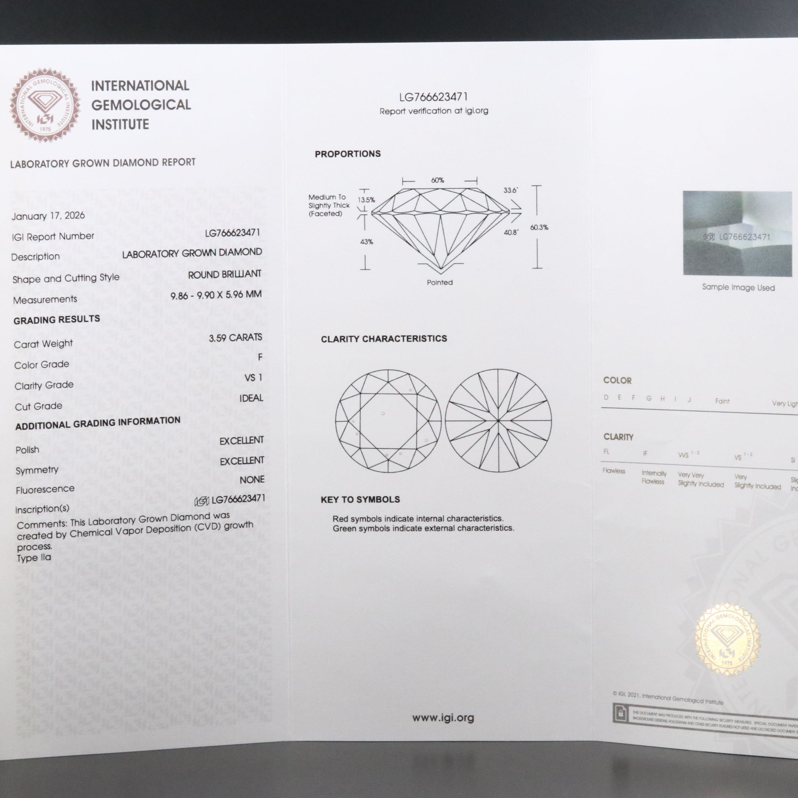 14K 3.59 CT Lab Grown Diamond Solitaire Pendant Necklace with IGI Report