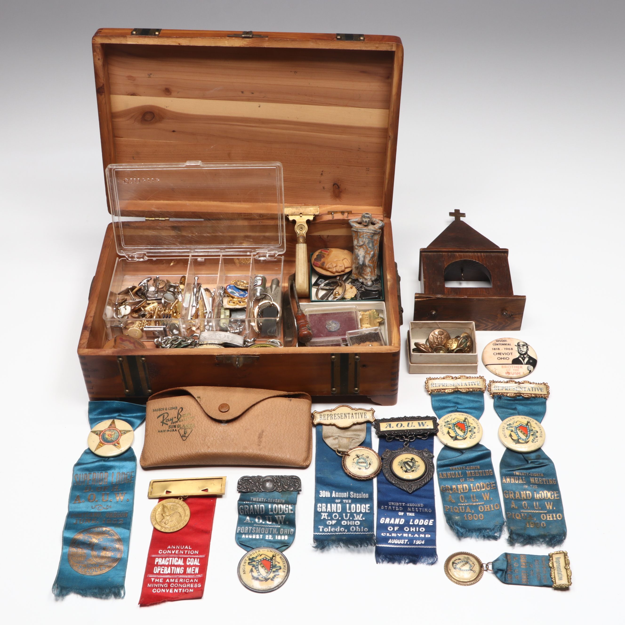 Cedar Men's Vanity Box with Cufflinks, Fraternal Order Ribbons, More