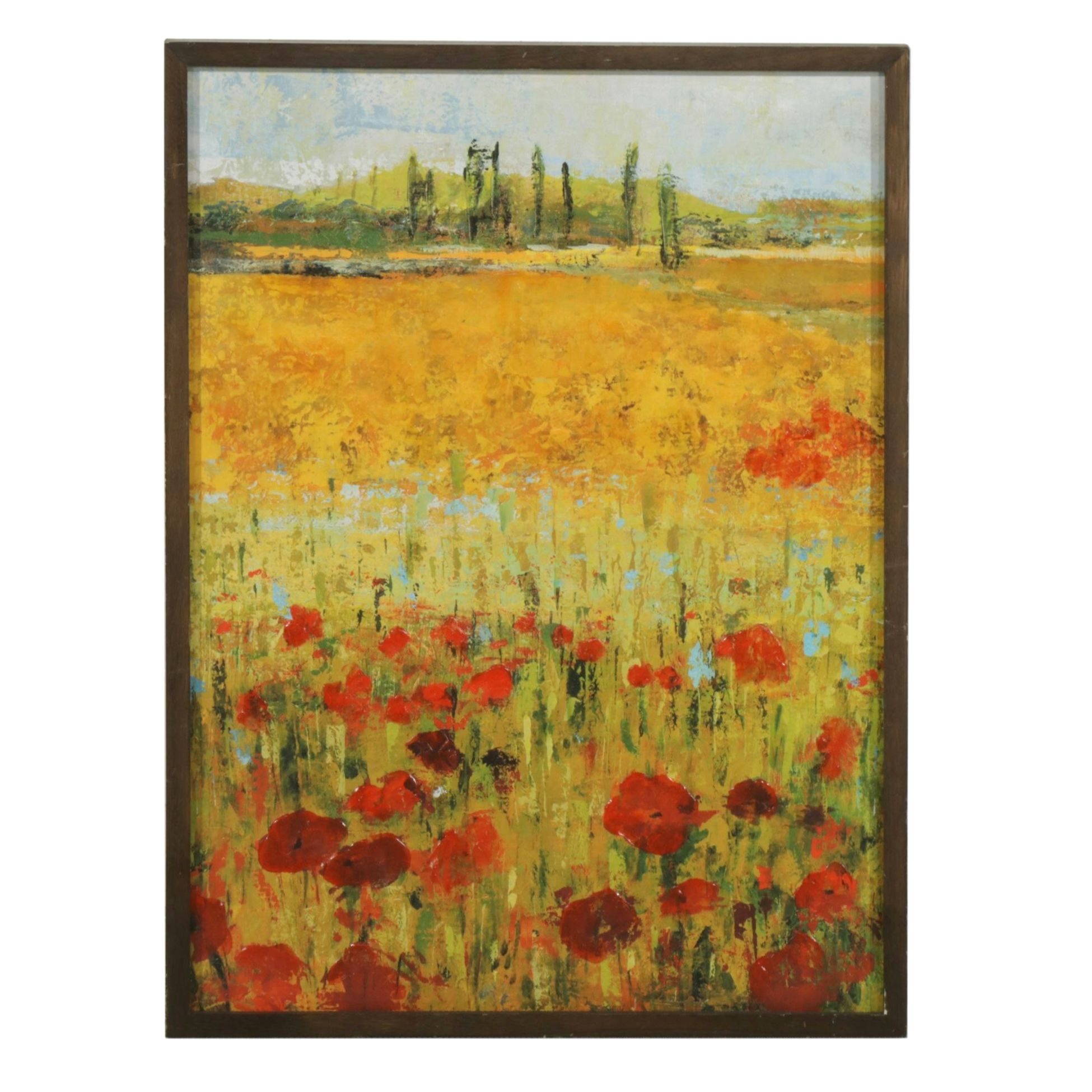Embellished Giclée Landscape of Impressionist Flower Field Featuring Poppies