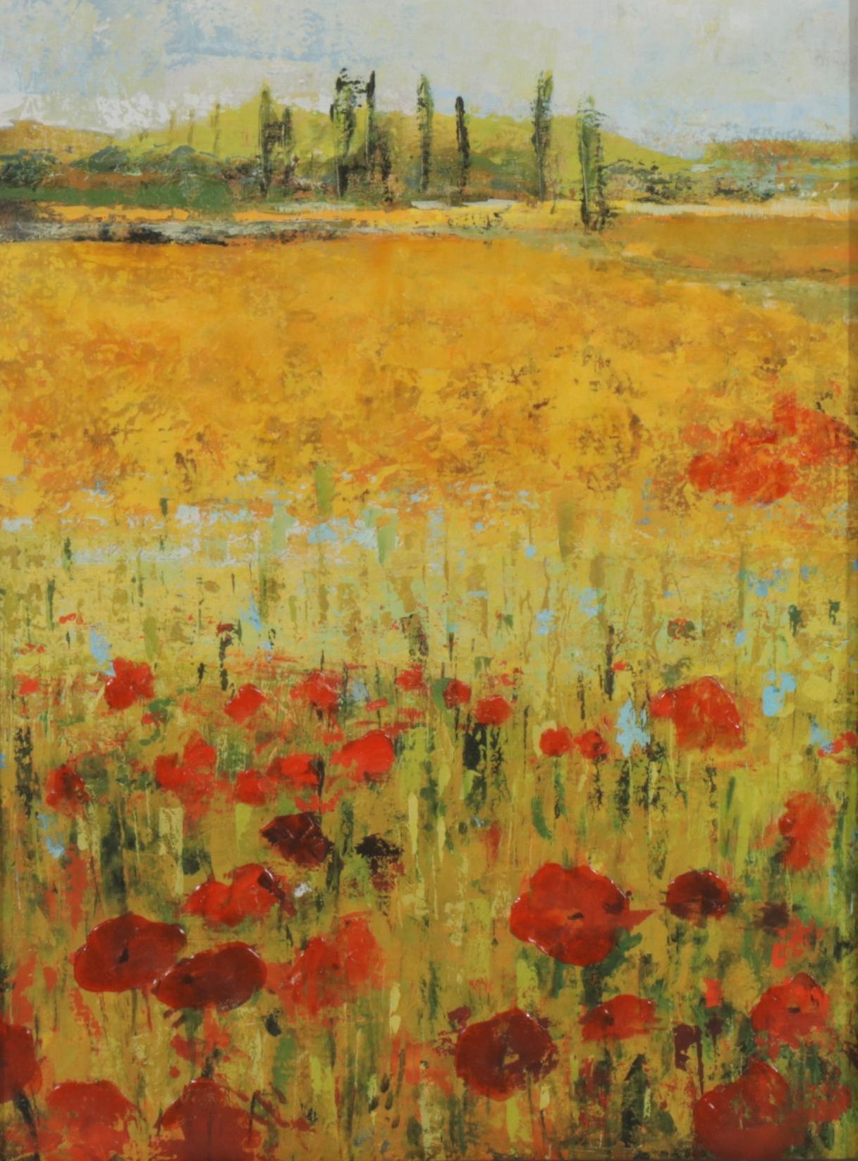 Embellished Giclée Landscape of Impressionist Flower Field Featuring Poppies