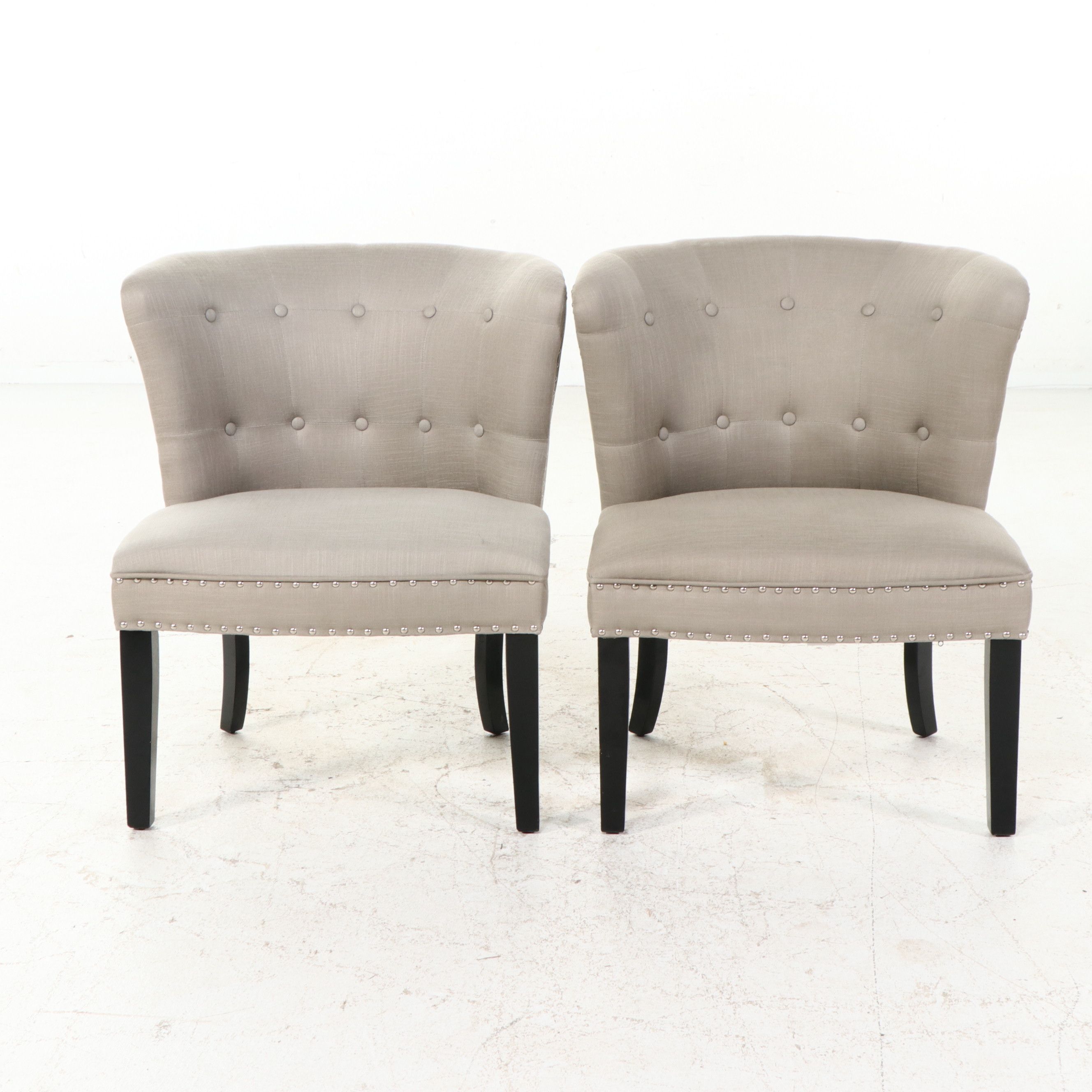 Pair of Transitional Gray Tufted Accent Chairs with Nailhead Trim, 2015