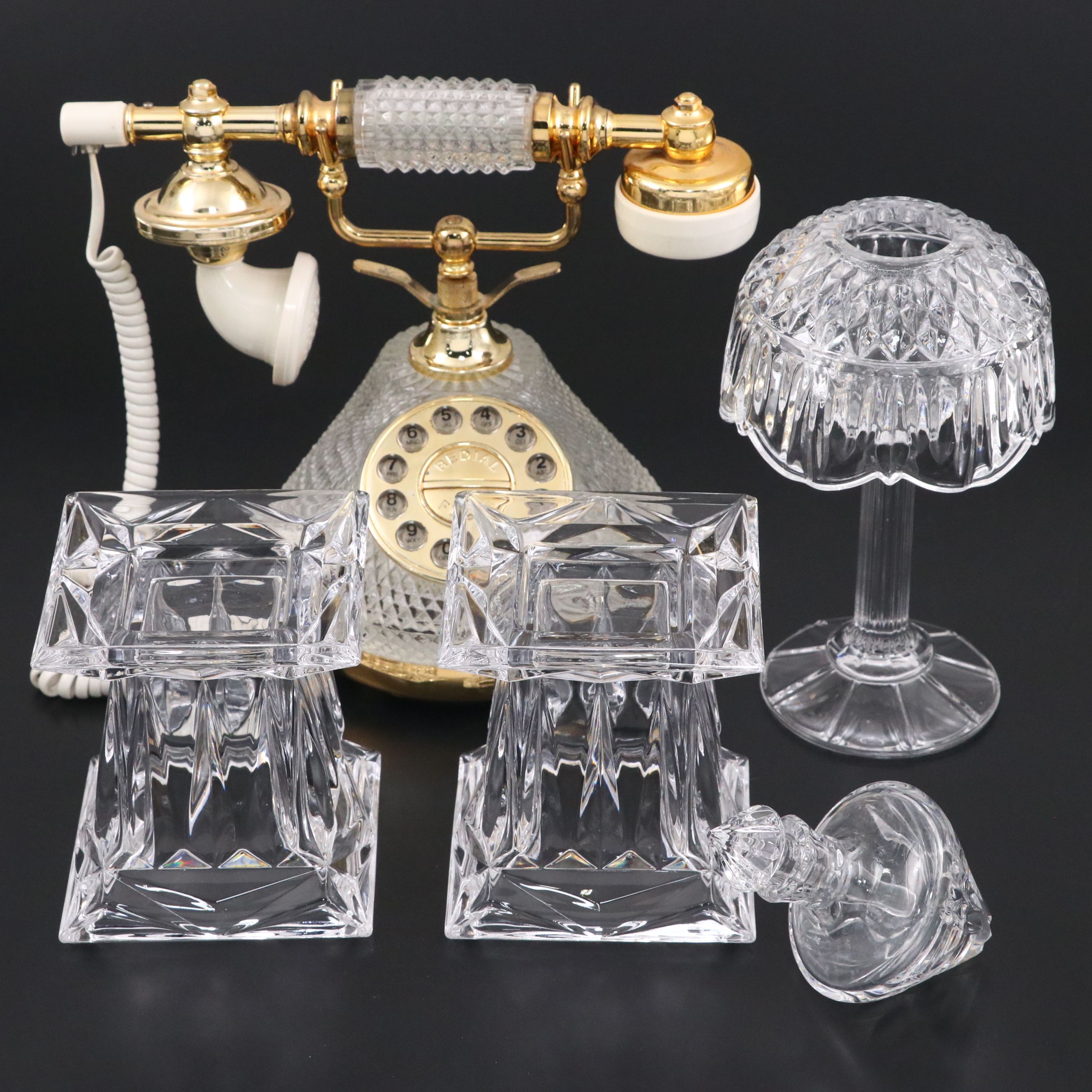 Columbia Diamond Point Telephone with Waterford Candlesticks and More Glassware