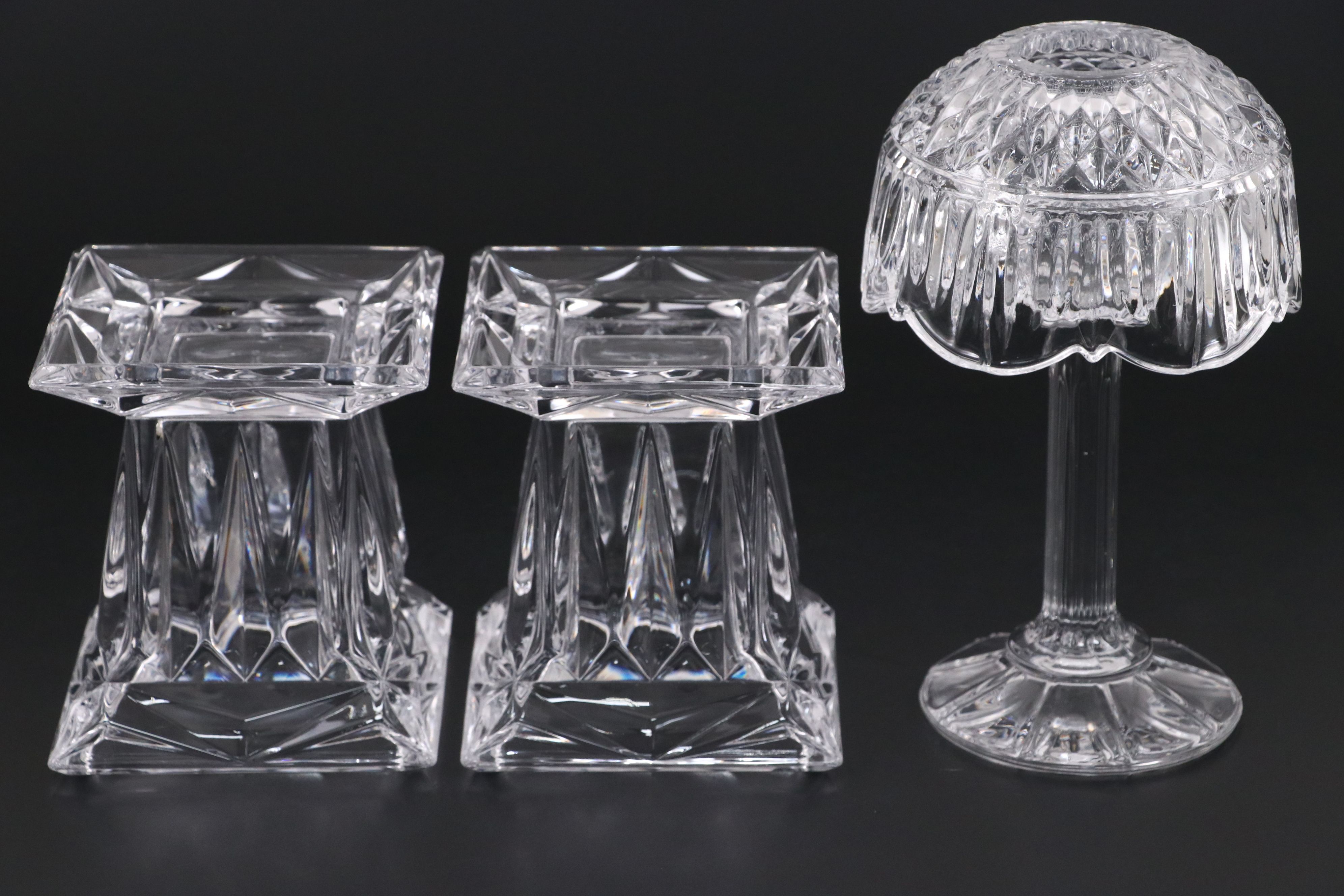 Columbia Diamond Point Telephone with Waterford Candlesticks and More Glassware