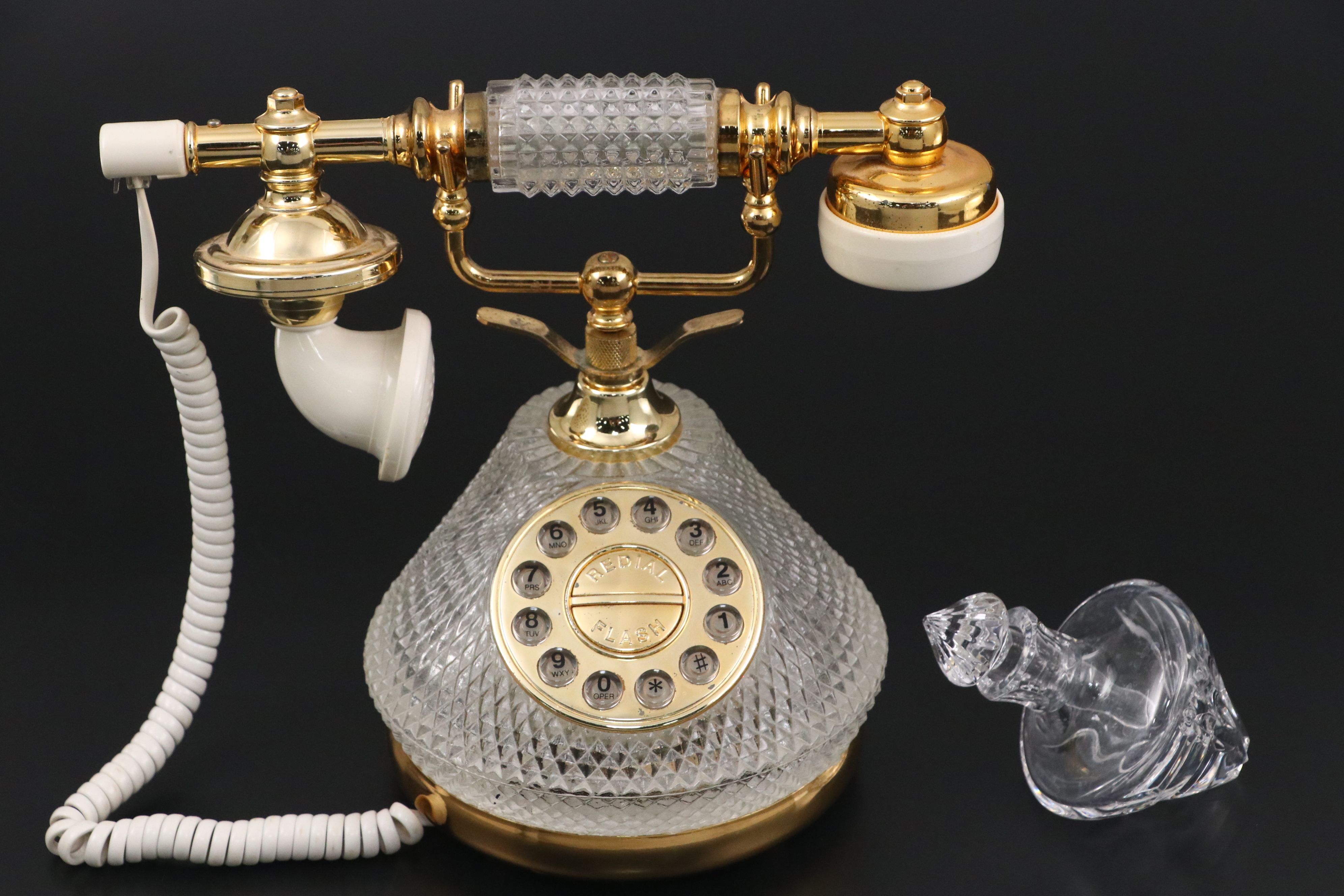 Columbia Diamond Point Telephone with Waterford Candlesticks and More Glassware