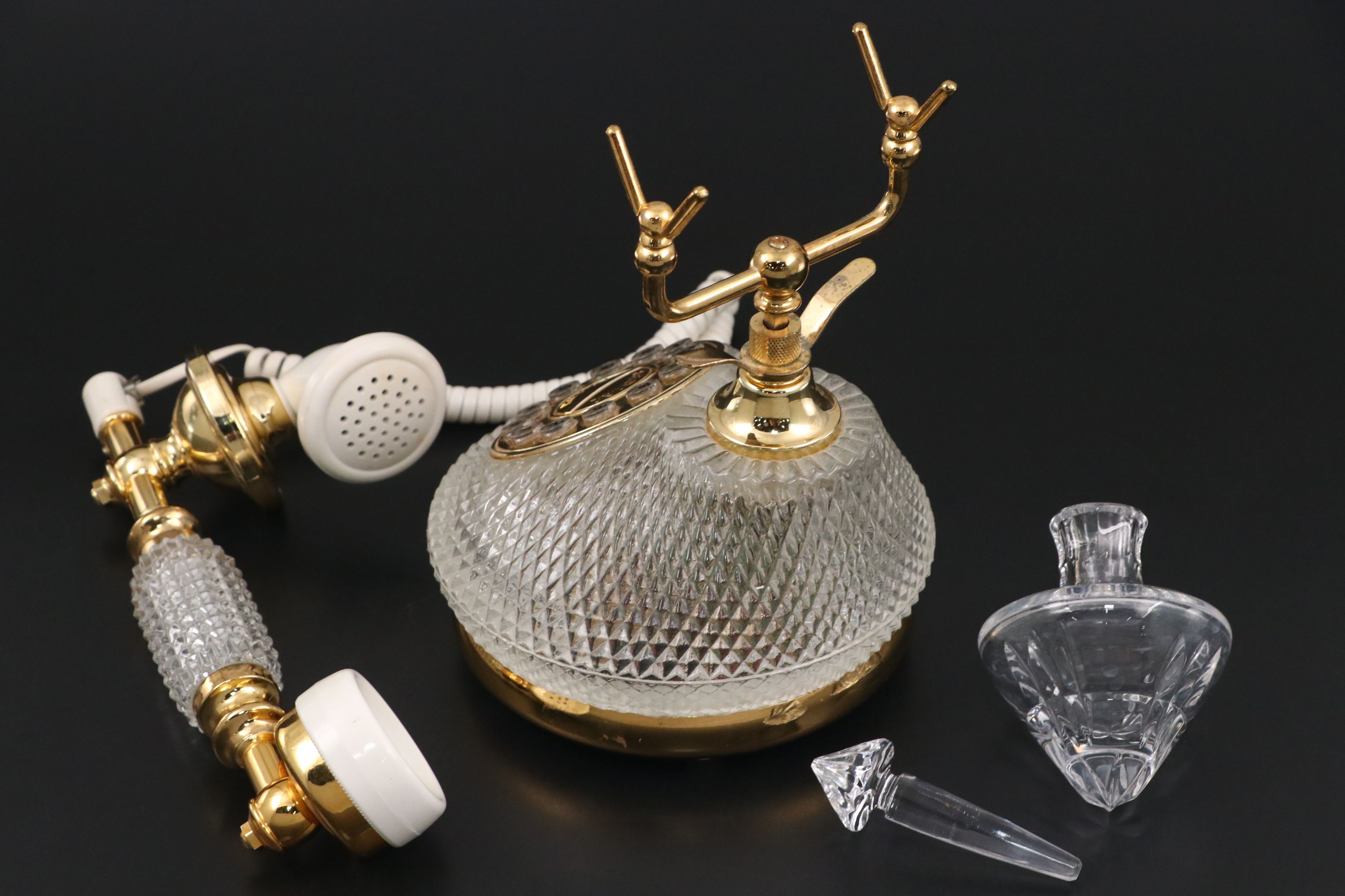 Columbia Diamond Point Telephone with Waterford Candlesticks and More Glassware