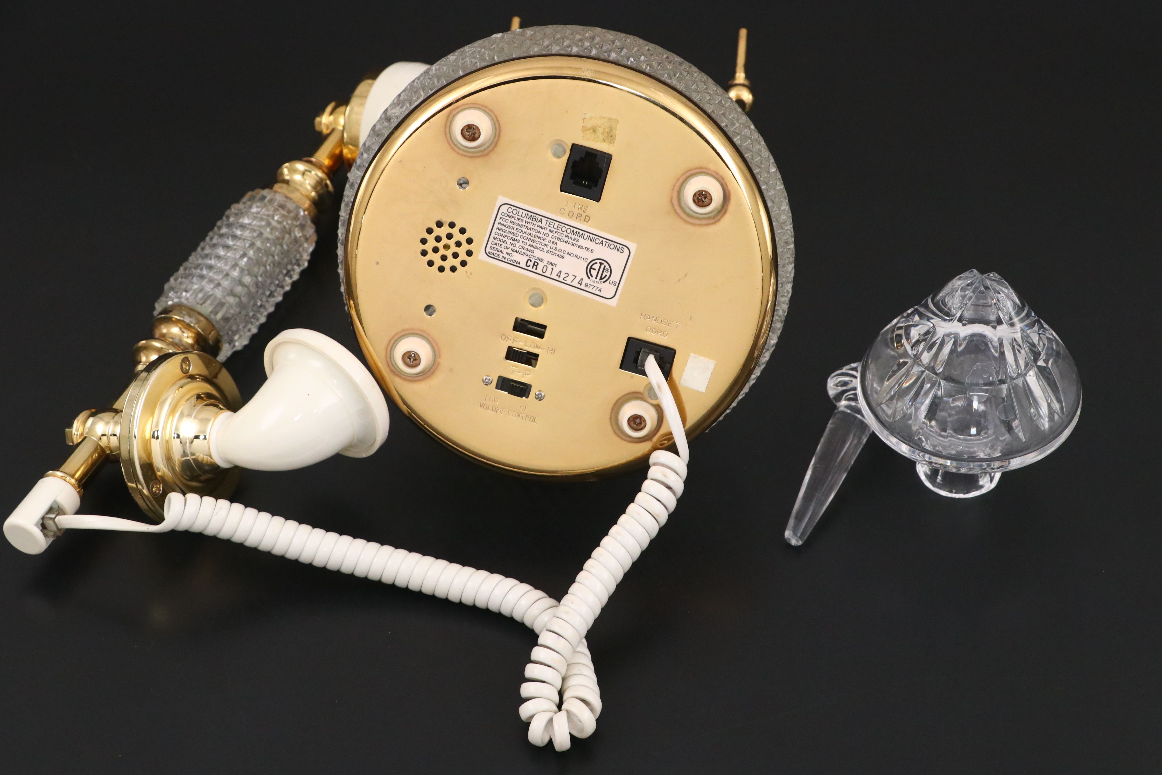 Columbia Diamond Point Telephone with Waterford Candlesticks and More Glassware