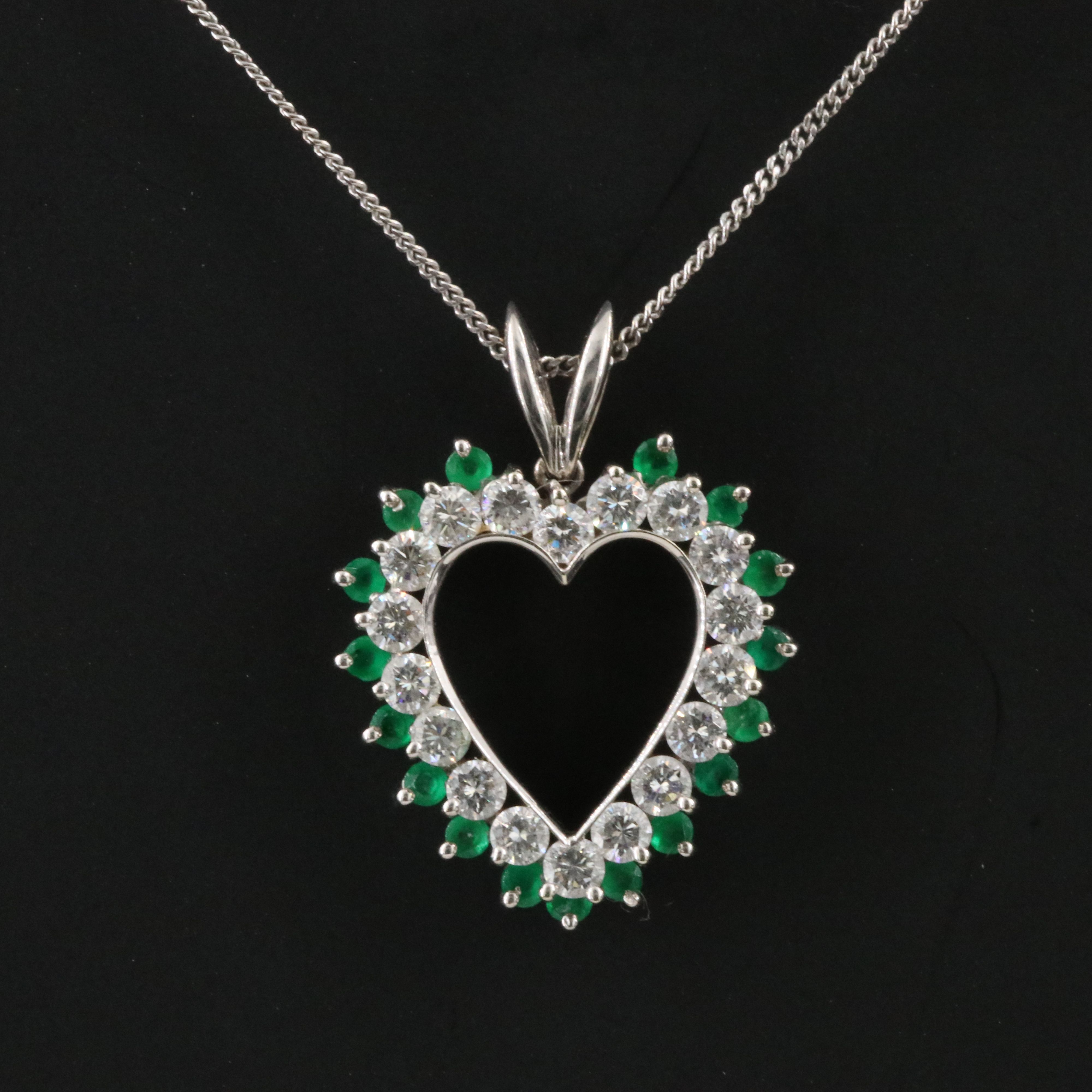 14K Emerald and Diamond Heart Pendant Necklace