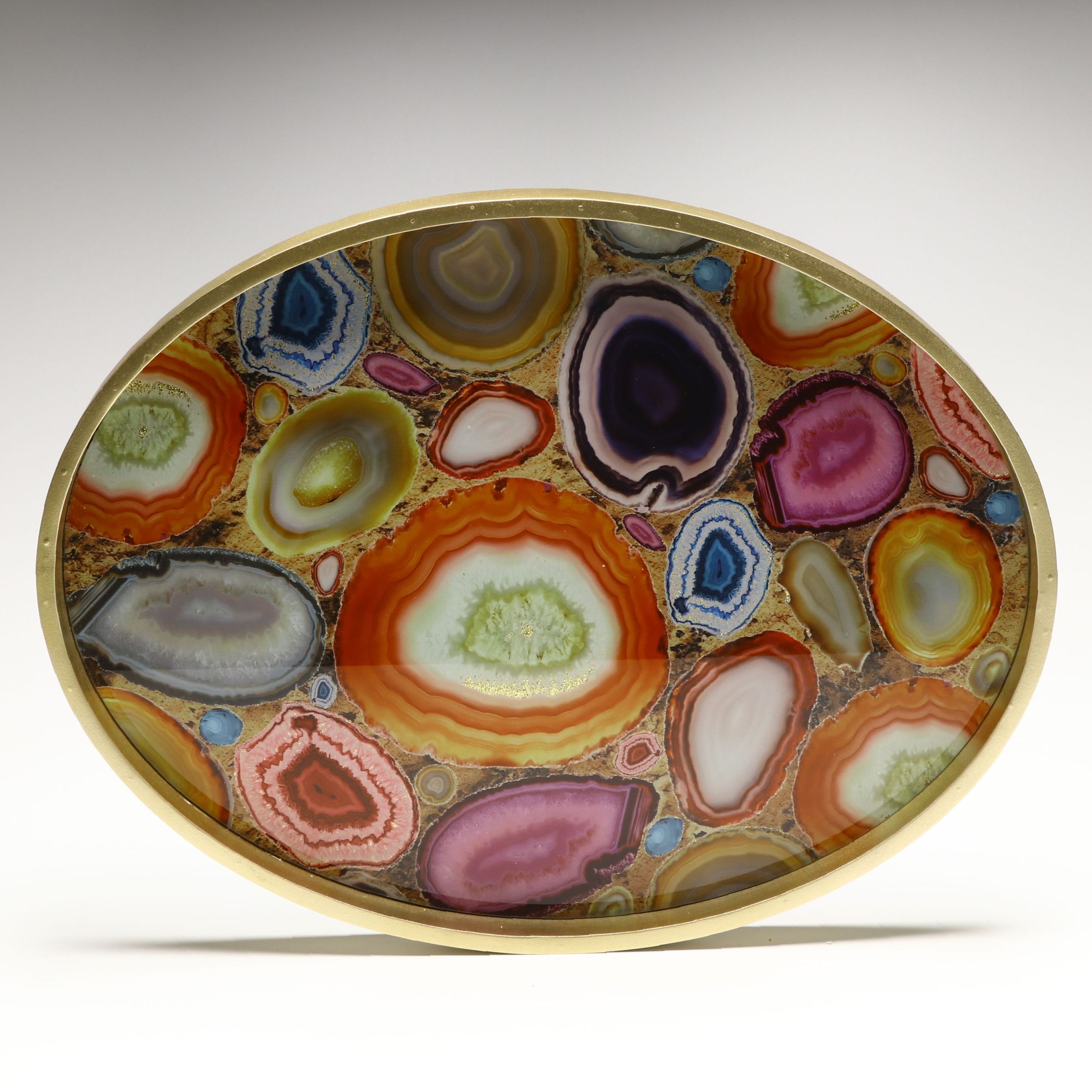 Benzara Modern Gold Finish Wood with Agate Geode Print Under Glass Tray