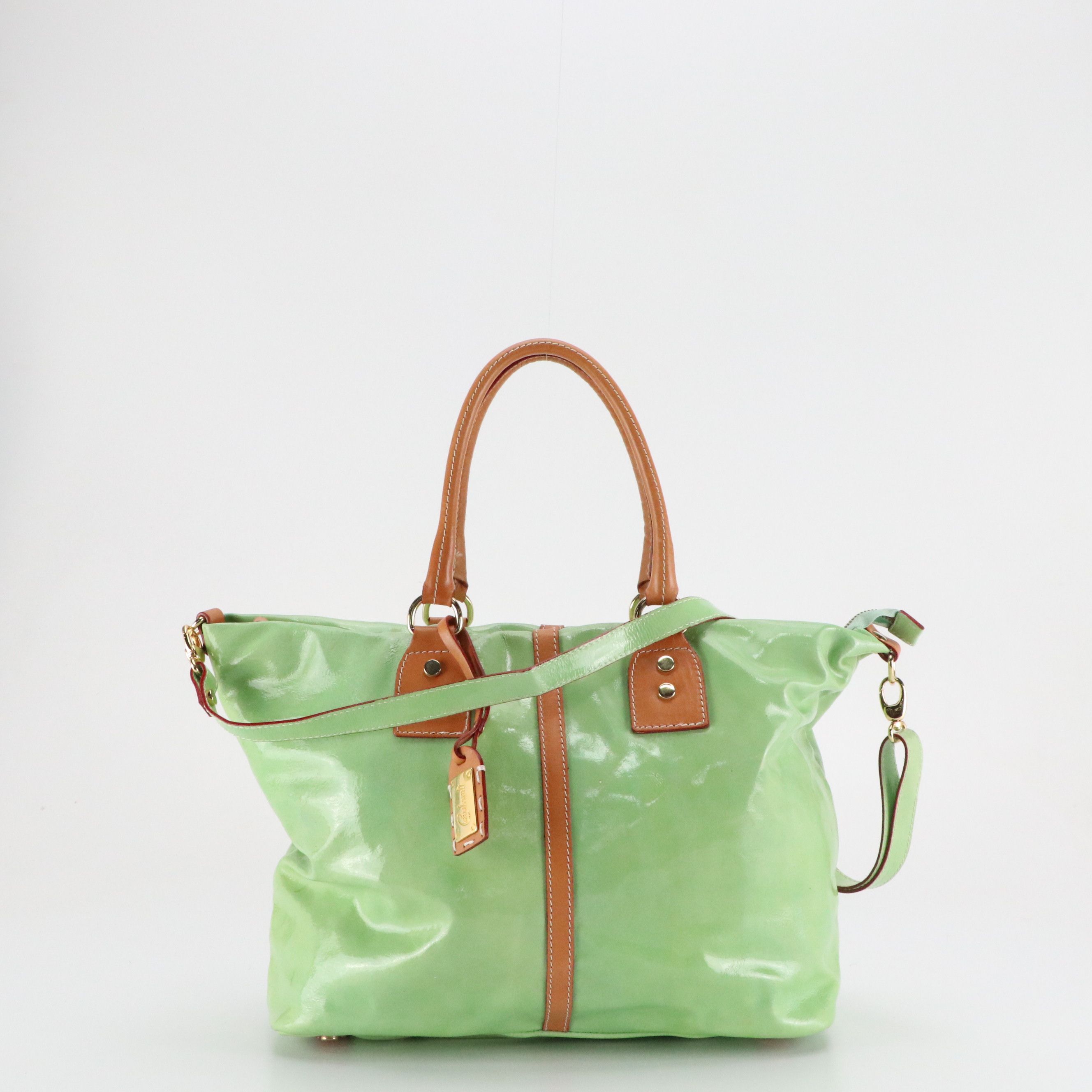 Cavalcanti Two-Way Tote Bag in Light Green Patent Leather and Tan Calfskin Trim